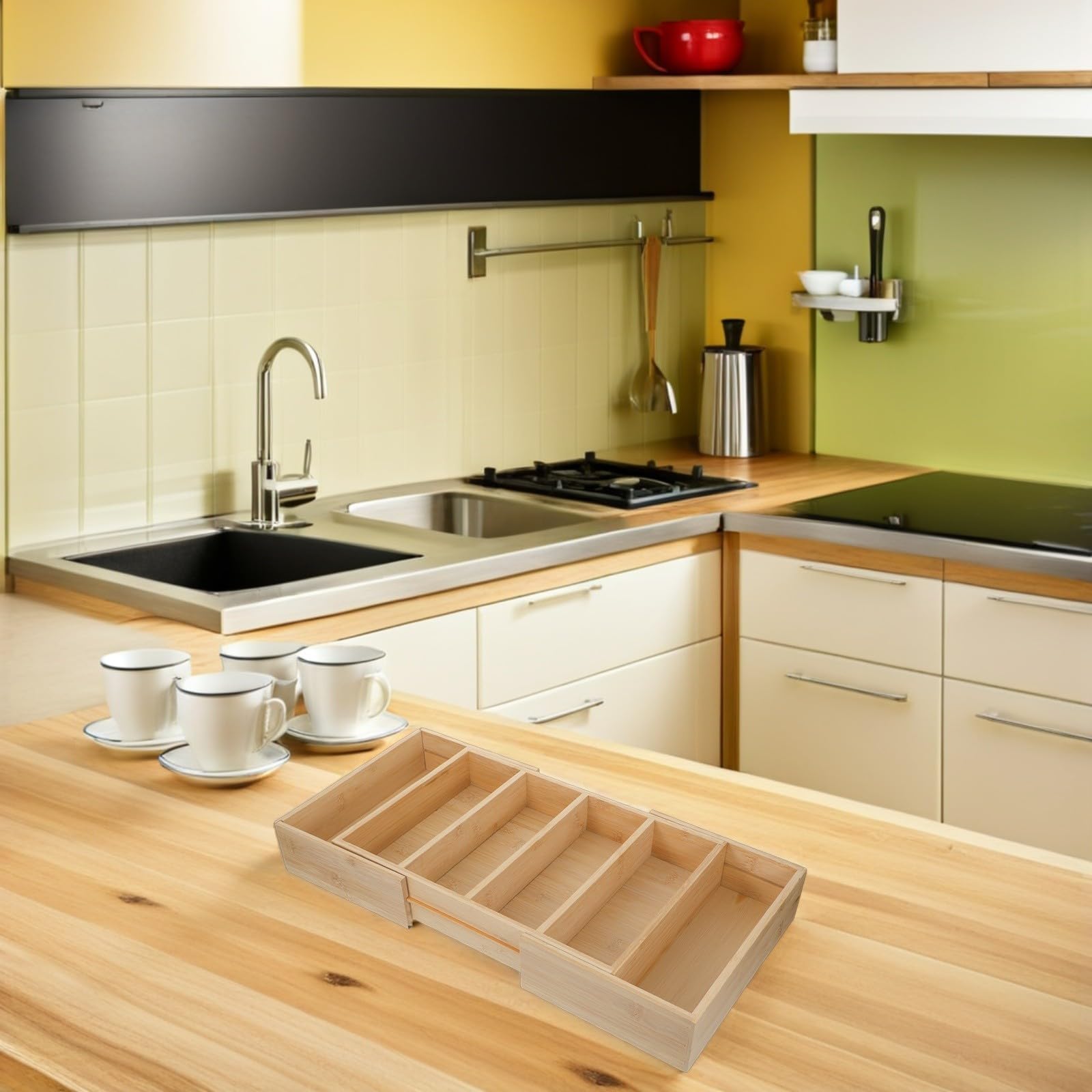 ABOOFAN Organizzatore Design Naturale in Bambù Divisori Regolabili Espandibile Scatola per Ripiani e Soluzione Salvaspazio Efficiente per Cucina e Dispensa