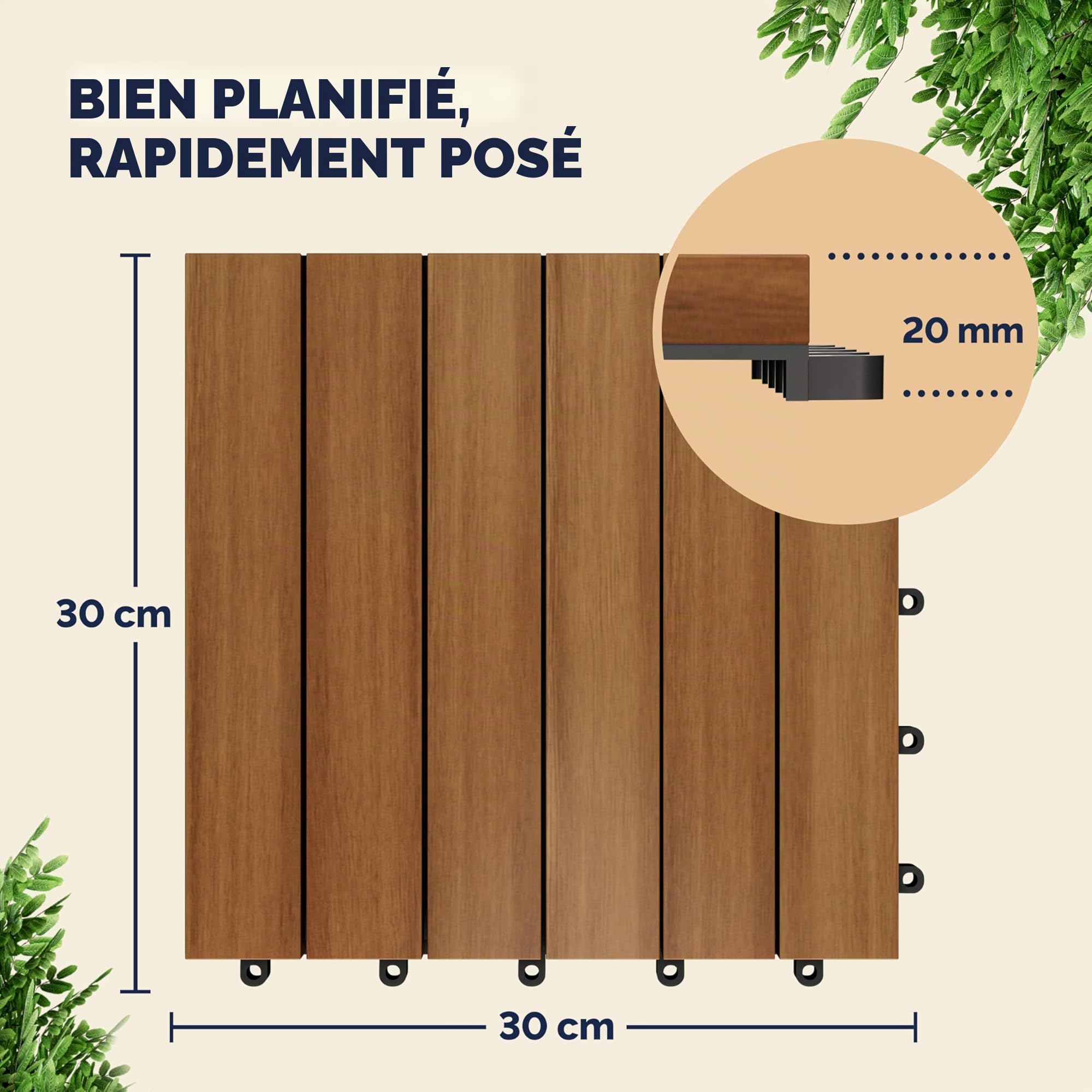 CASARIA® 66x Dalles bois clipsables 30x30cm bois d'acacia | certifié FSC®, bois d'acacia pré-huilé, dalles 30x30cm, fixation par clips, système de drainage, résistant aux intempéries