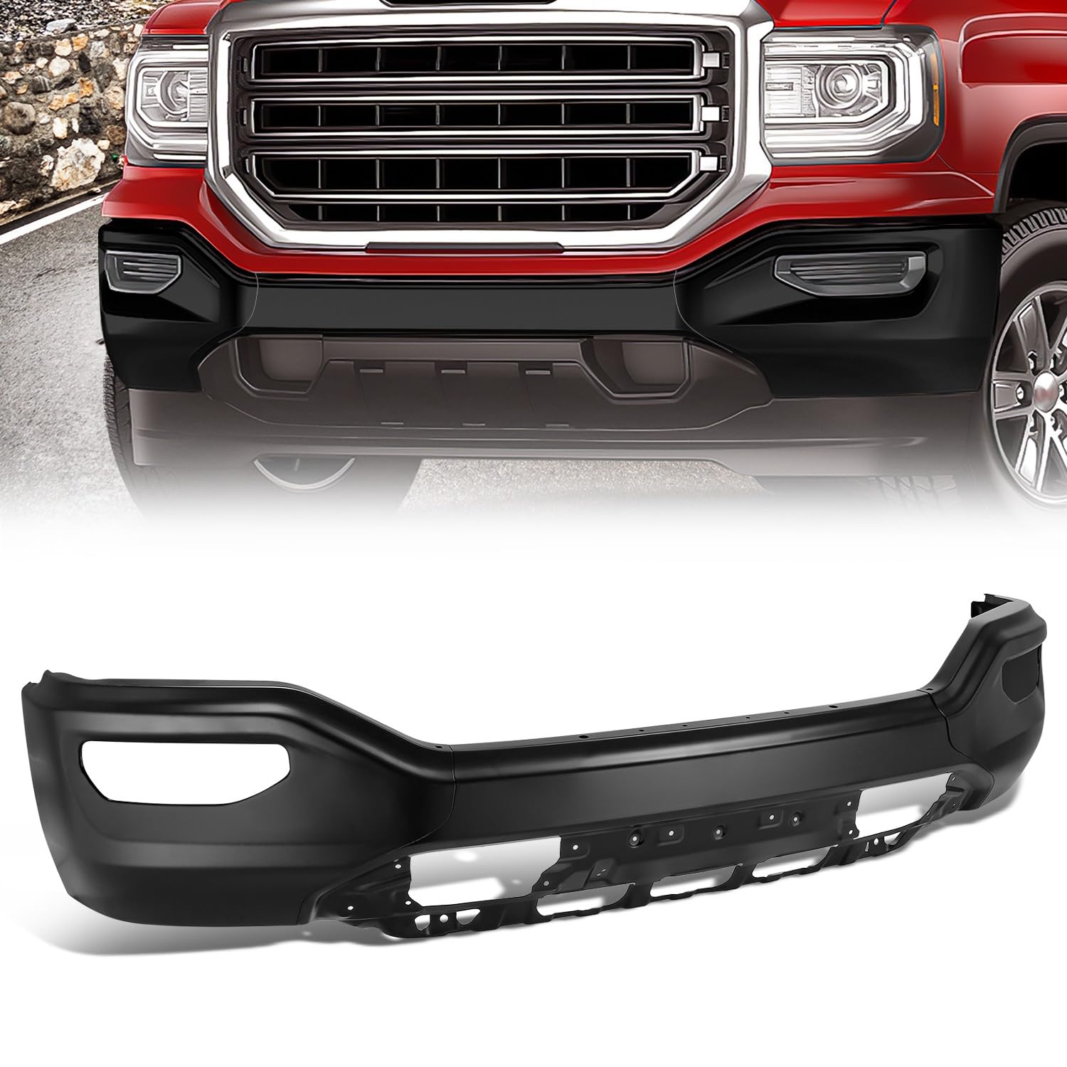 Steel Front Bumper Cover Face Bar Compatible with 2016-2018 Sierra 1500, 2019 Sierra 1500 Limited 3-Piece Modular Design with Fog Lights Cutout without Parking Aid Sensor Holes Matte Black GM1002867