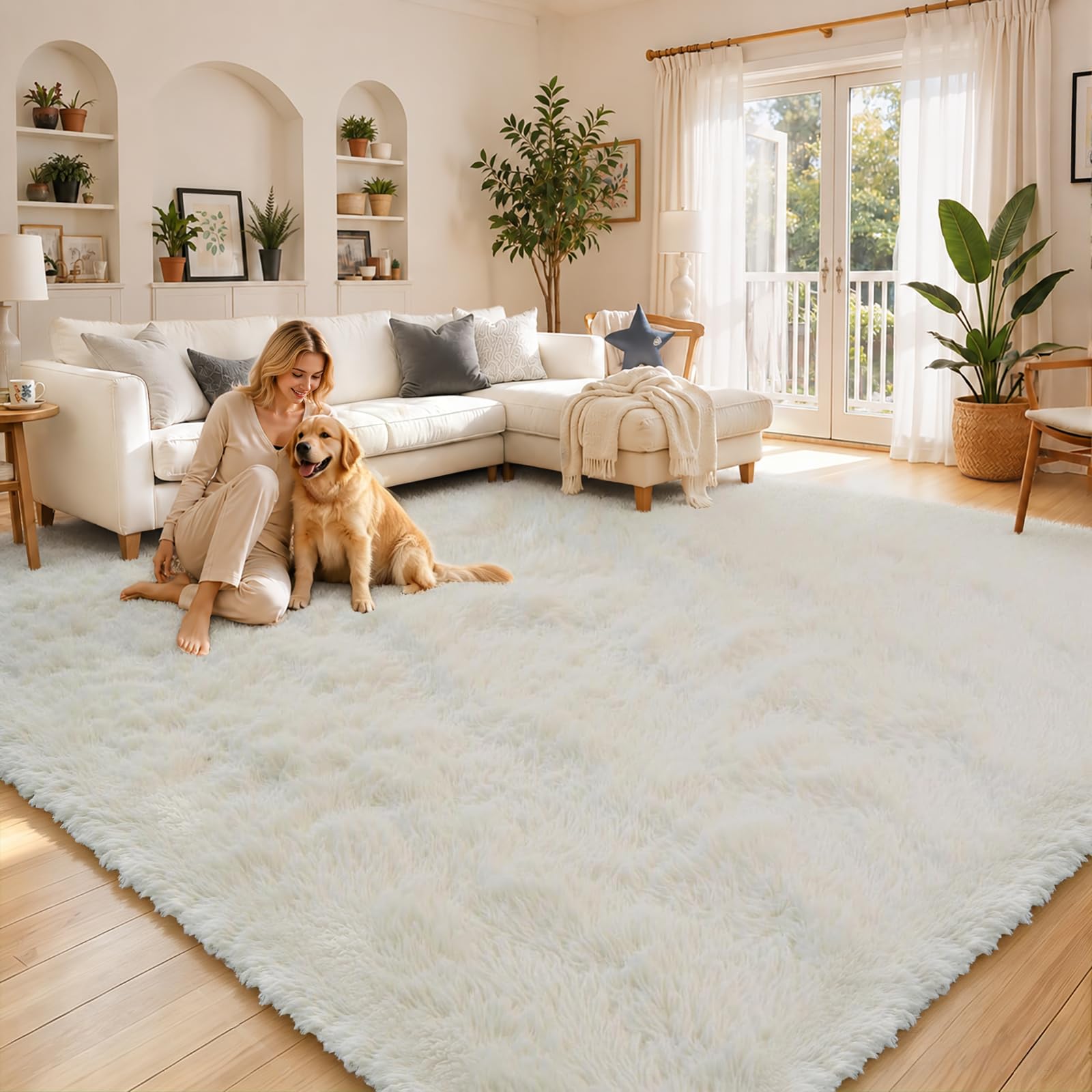 8x10 Area Rugs for Living Room,Cream Large Shaggy Carpet Plush Furry Rug OEKO-TEX STANDARD 100
