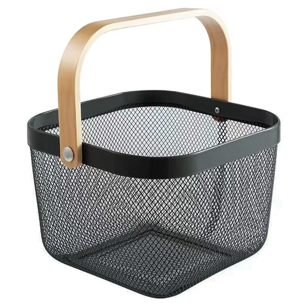 Yindhgdr Metal Mesh Basket, Multi-Functional Hanging Kitchen Baskets Fruit Basket with Handle for Kitchen Bathroom Picnic Black