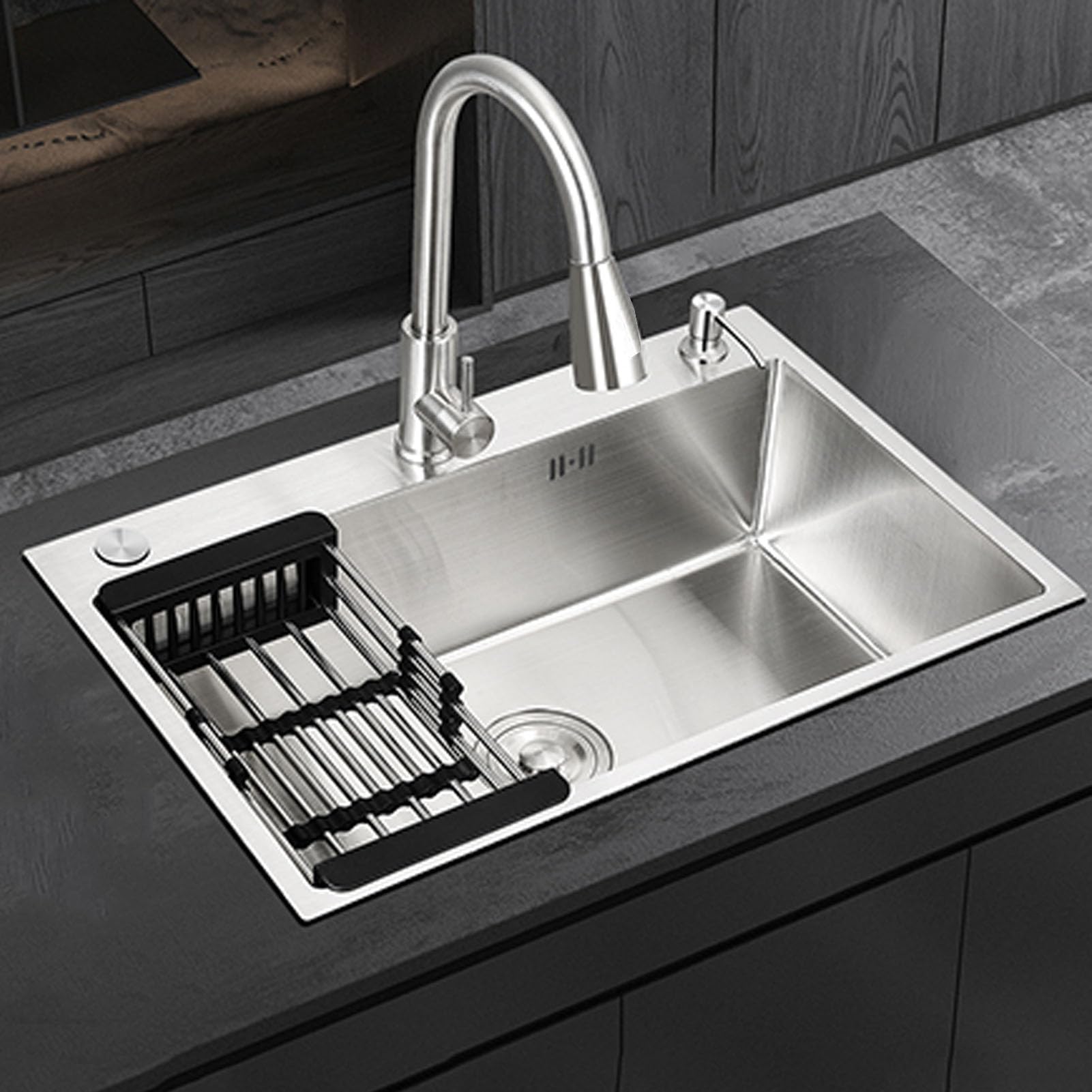ZQFHSX Stainless Steel Kitchen Sink, Sink Built-in Inset/Undermount with Pull-Out Faucet and Drain Basket, for Utility Rooms Kitchens Bars Bathroom