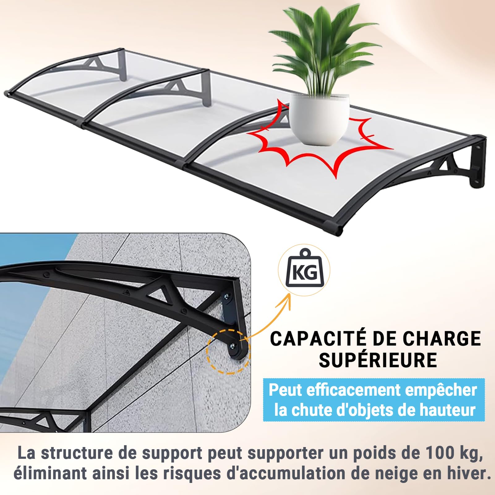 Toldo para puerta exterior resistente a la intemperie, policarbonato gris, aluminio y ABS, 80 x 260 cm, refugio de entrada para casa y terraza