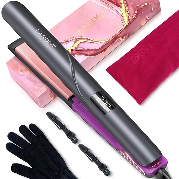 LANDOT Flat Iron Hair Straightener: Ceramic Ionic Straightener for Frizz-Free Shine - Adjustable Temp 250-450F & Auto Shut Off + Travel Pouch