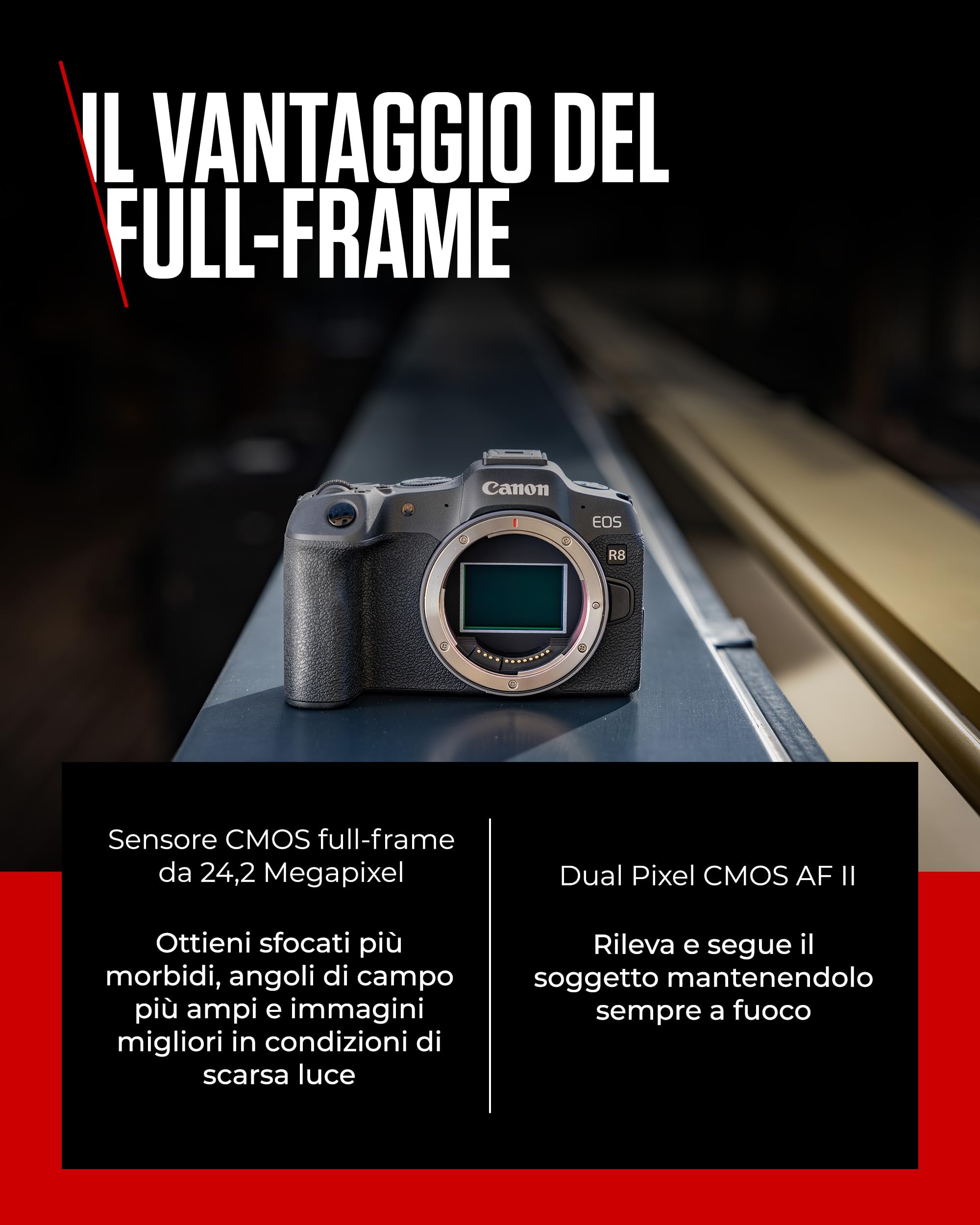 Canon EOS R8 (Corpo) – Macchina Fotografica Mirrorless Full Frame 24,2MP, Dual Pixel CMOS AF II - Videocamera 4k Fino a 60p - Scatto Continuo 40 fps – Schermo Direzionabile - Connettività Bluetooth