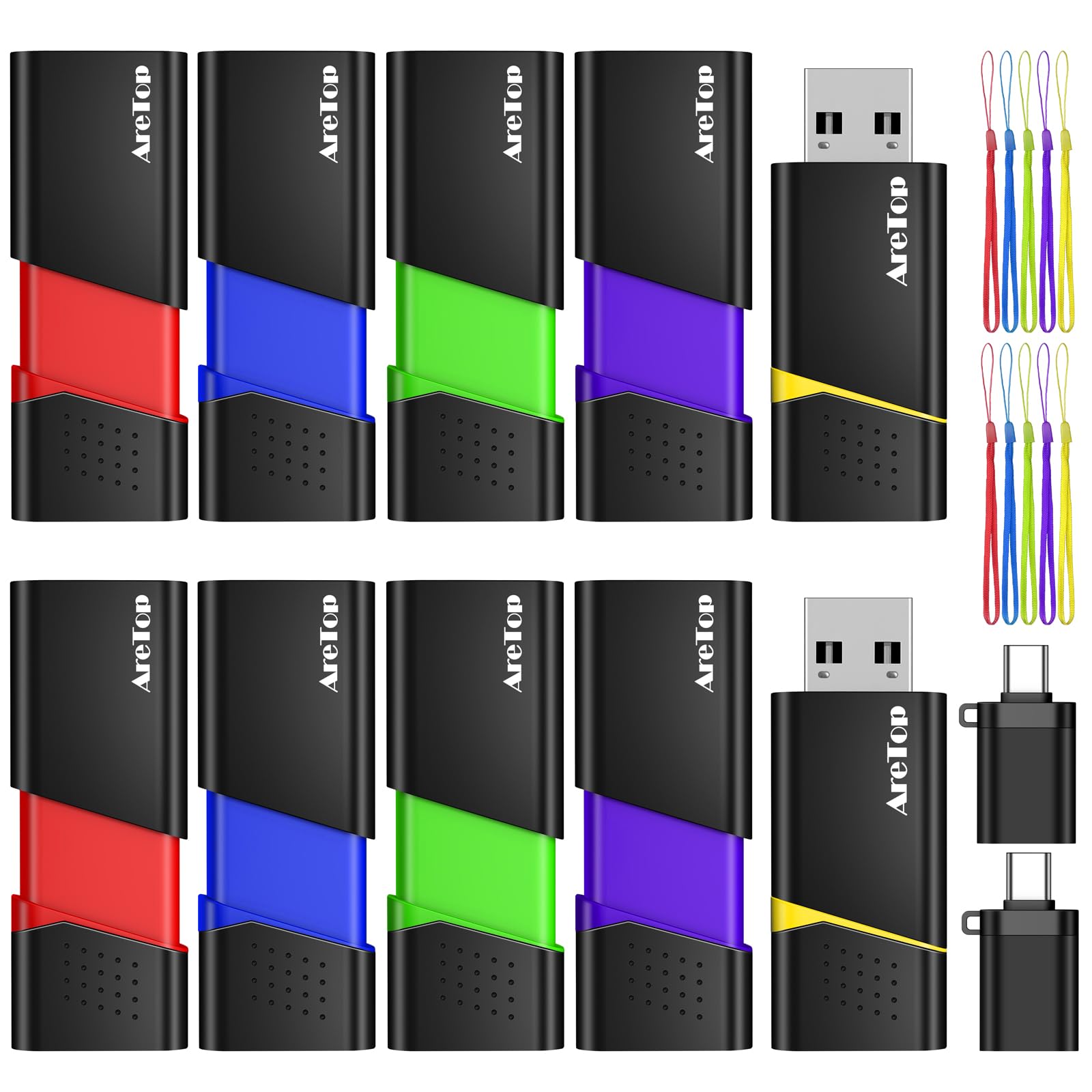 AreTop Confezione da 10 unità flash da 16 GB, con adattatore di tipo C, chiavetta USB 2.0 retrattile per archiviazione della data, unità USB multicolore con indicatore LED, confezione da 10 da 16 GB