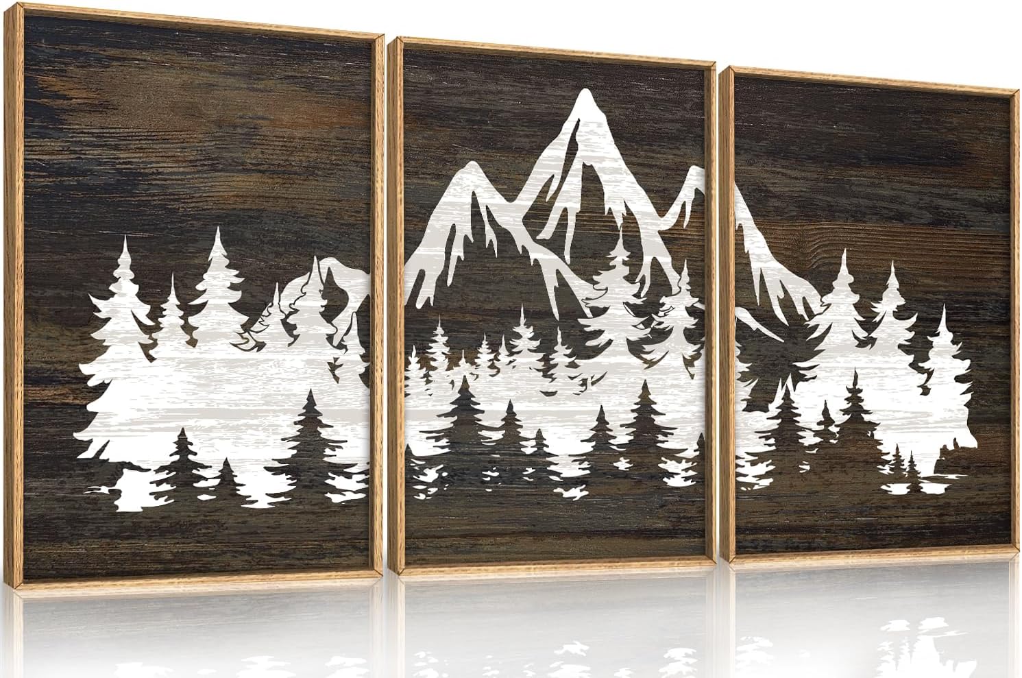 LHIUEM Large Mountain Tree Framed Canvas Wall Art Set,Modern White Forest Art Printing Country Minimalist Wood Wall Decor Farmhouse Zen Artwork for Living Room Bedroom Office-24x36x3