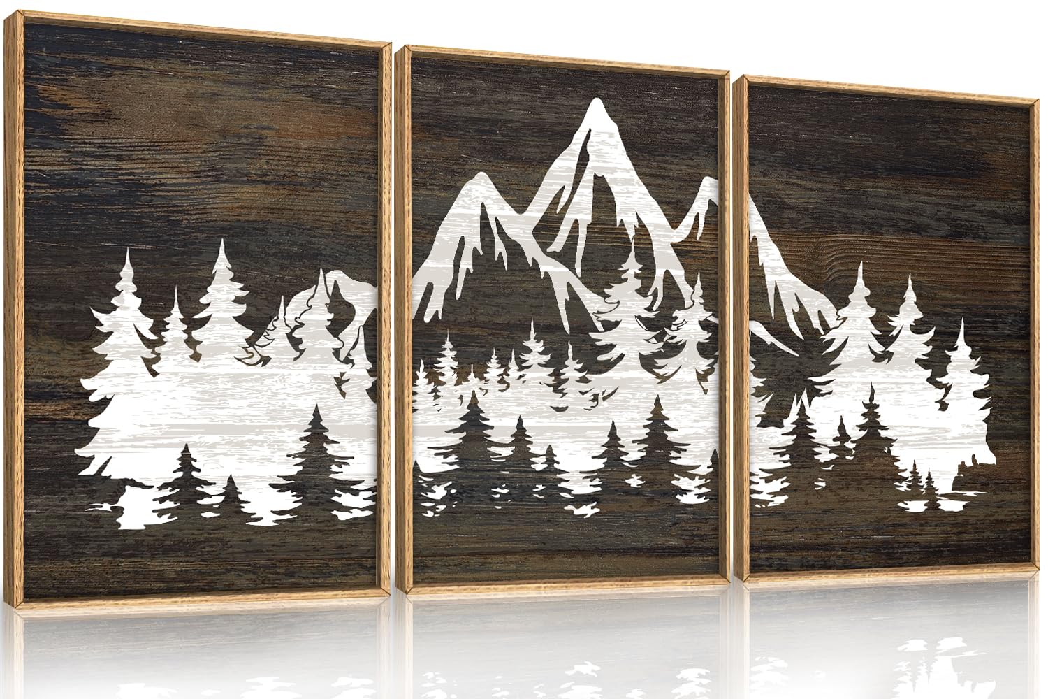 LHIUEM Large Mountain Tree Framed Canvas Wall Art Set,Modern White Forest Art Printing Country Minimalist Wood Wall Decor Farmhouse Zen Artwork for