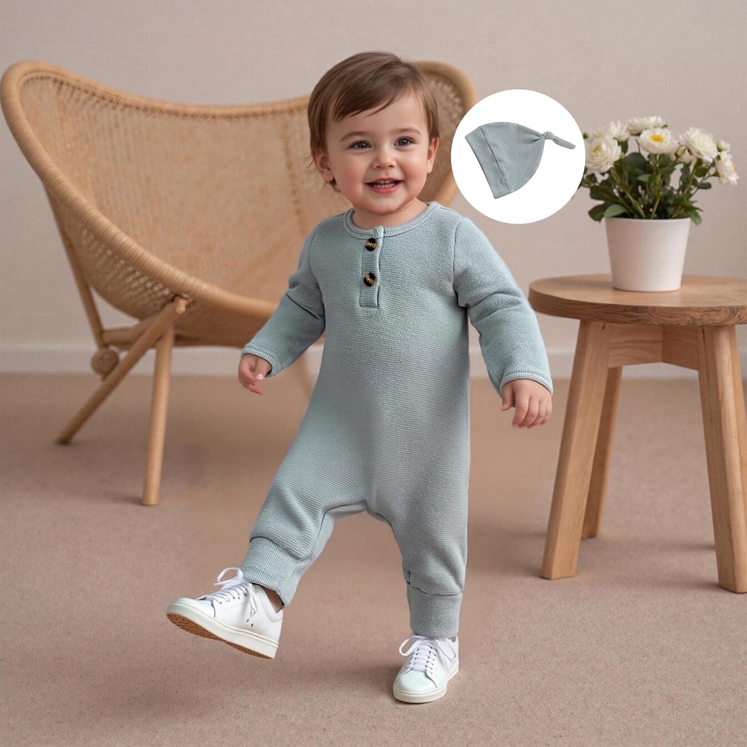 Newborn Knit Romper Hat 2 Pieces Button Up Footed Jumpsuit Baby Boy Clothes Photography Coming Home Outfit - Image 2
