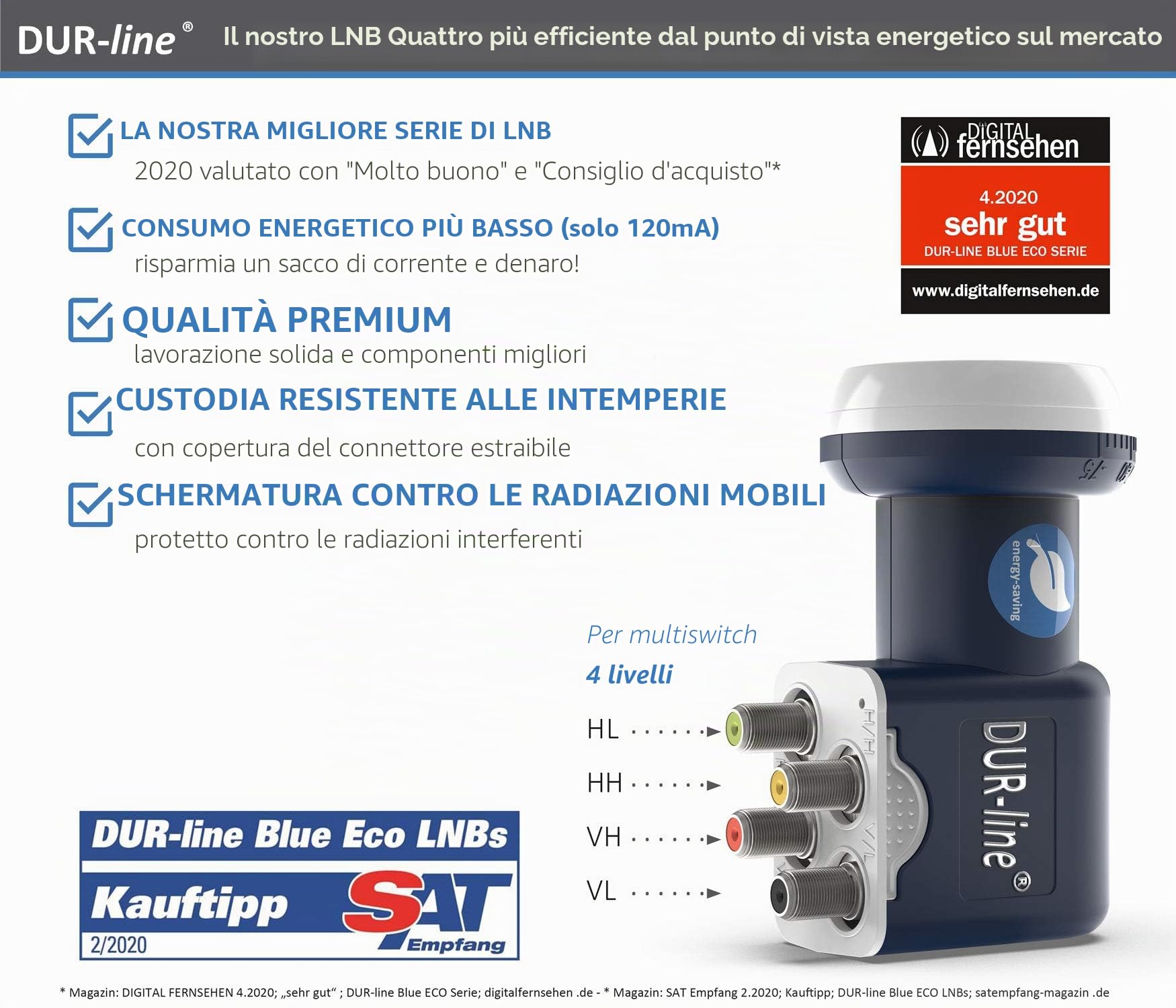 DUR-line Blue ECO Quattro LNB – estremamente efficiente – solo per commutatore – qualità premium – [ test molto buono* ] digitale, Full HD, 4K, 3D