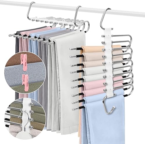 SAN LIKE Paquete de 2 perchas para pantalones de 9 capas que ahorran espacio, de acero inoxidable, 20 clips fijos, antideslizantes, SAN LIKE Paquete de 2 perchas para pantalones de 9 capas que ahorran espacio, de acero inoxidable, 20 clips fijos, antideslizantes,
