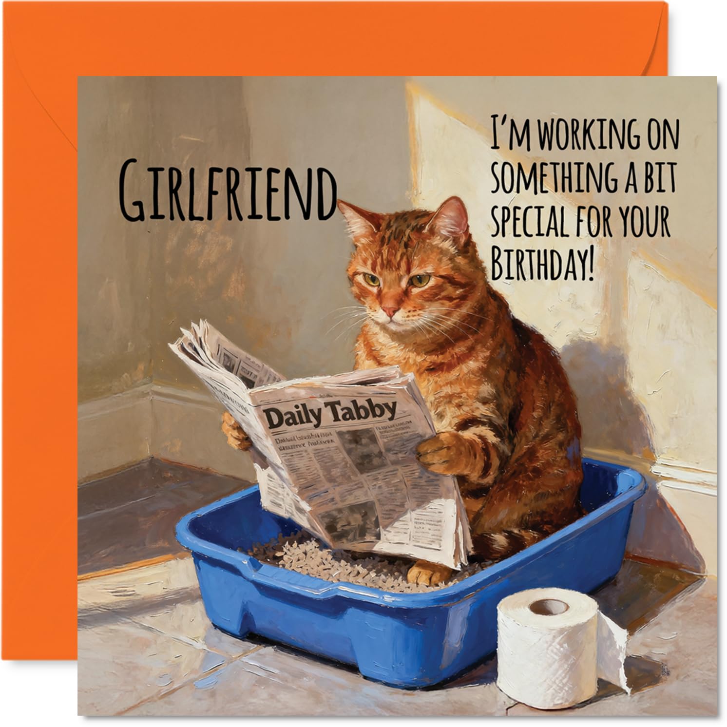 Girlfriend Birthday Card - Working on Something Special - Happy Birthday Card for Girlfriend from Boyfriend Partner, 145mm Funny Cat Litter Tray Humour Bday Greeting Cards