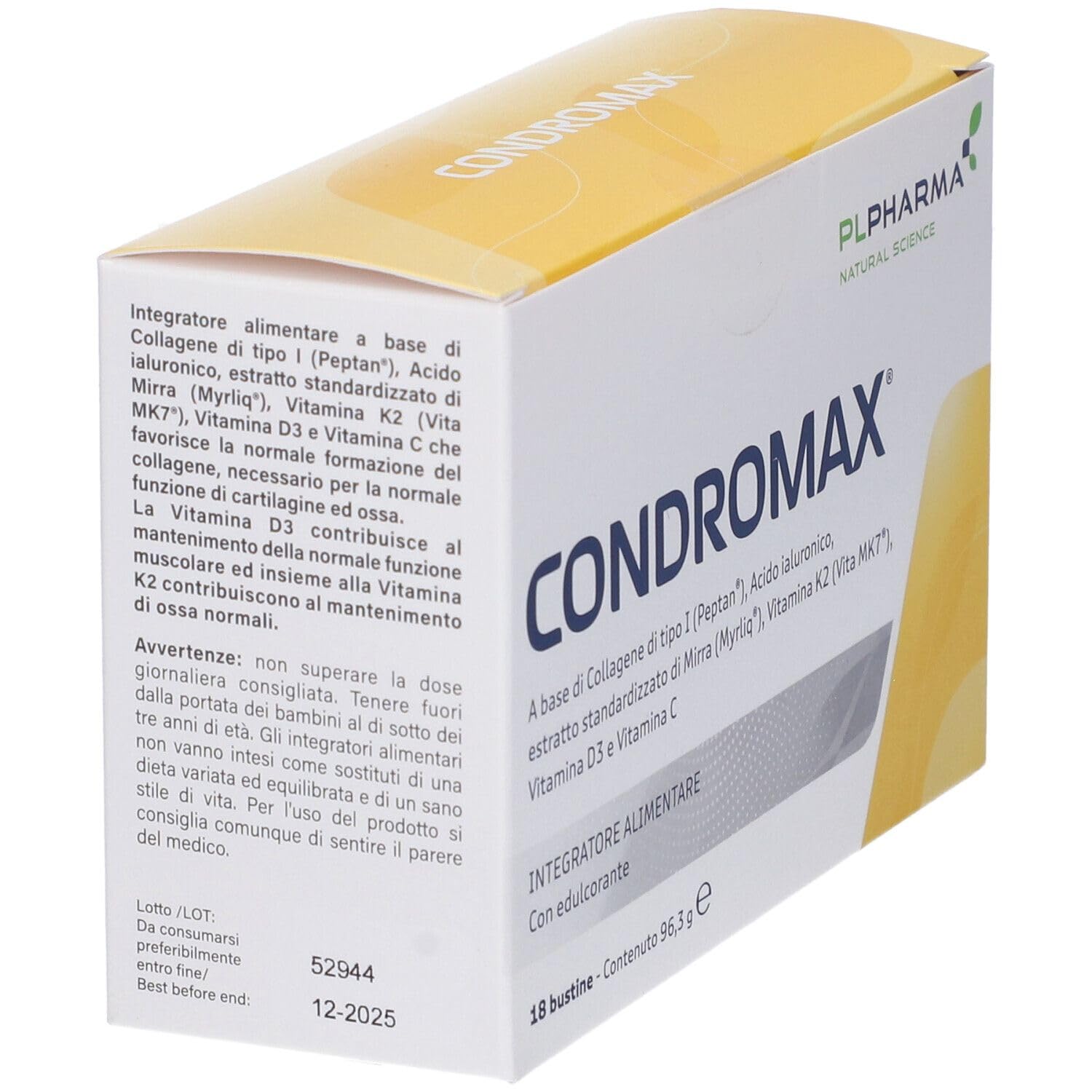 CONDROMAX 18 bustine - Integratore alimentare a base di collagene di tipo I (Peptan), acido ialuronico, estratto standardizzato di mirra (Myrliq), vitamina K2