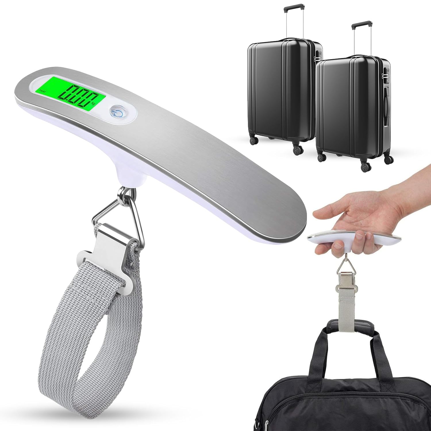 Digital Luggage Scale, Travel Suitcase Scales, Luggage Weighing Scales, 50Kg Capacity, Portable Digital Weight Scale, Silver Holiday Bag Weigher