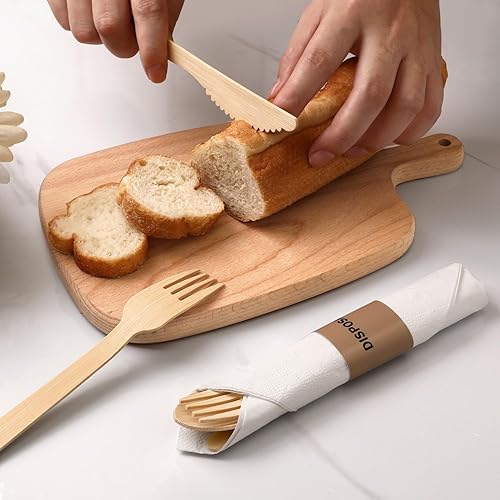 Miniatura 10 de Juego de 25 cubiertos de bambú prerolled (6.7 pulgadas, 25 tenedores, 25 cucharas, 25 cuchillos, 25 servilletas), tenedores, cucharas y cuchillos