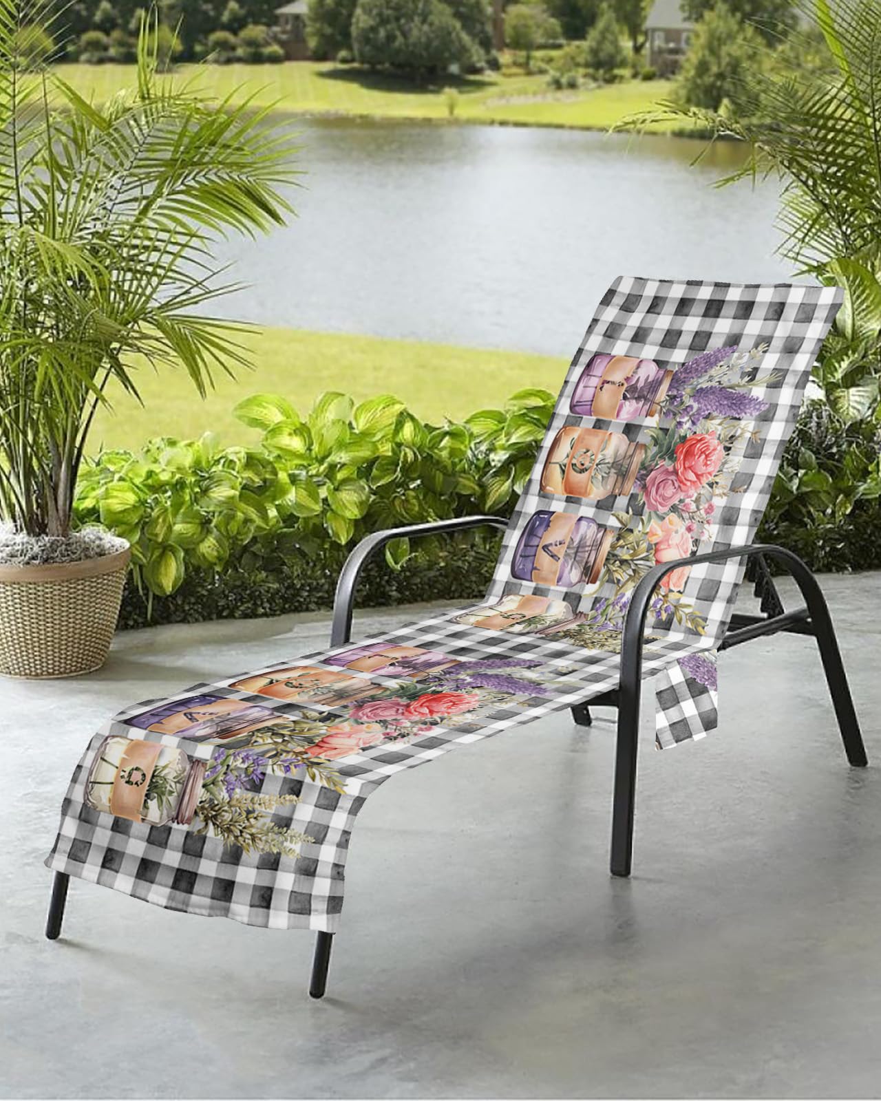 Valentine's Plaid Beach Chair Towel Covers for Chaise Lounge with Side Pocket, Soft Plush Pool Towels Cover for Patio Sunbathing Outdoor 29''x85'' Botanical Lavender Roses Flower Leaves