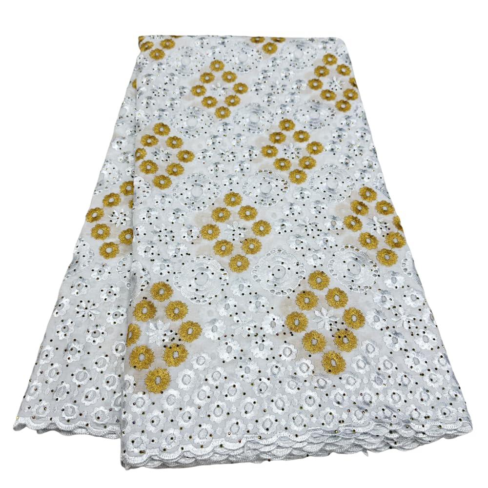 5 Yards Swiss Voile Lace Fabric Lafaya Heavy Beaded Embroidery Lace Fabric African 100% Cotton Popular Style for Party (White 1)