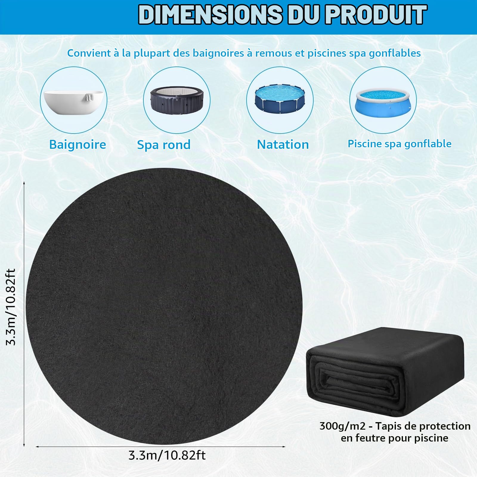 YumSur Tapis de bain à remous 300 g/m², tapis de sol gonflable, tapis de protection pour piscine hors sol, tapis de sol pliable, accessoires de piscine portables (rond 3,3 m)