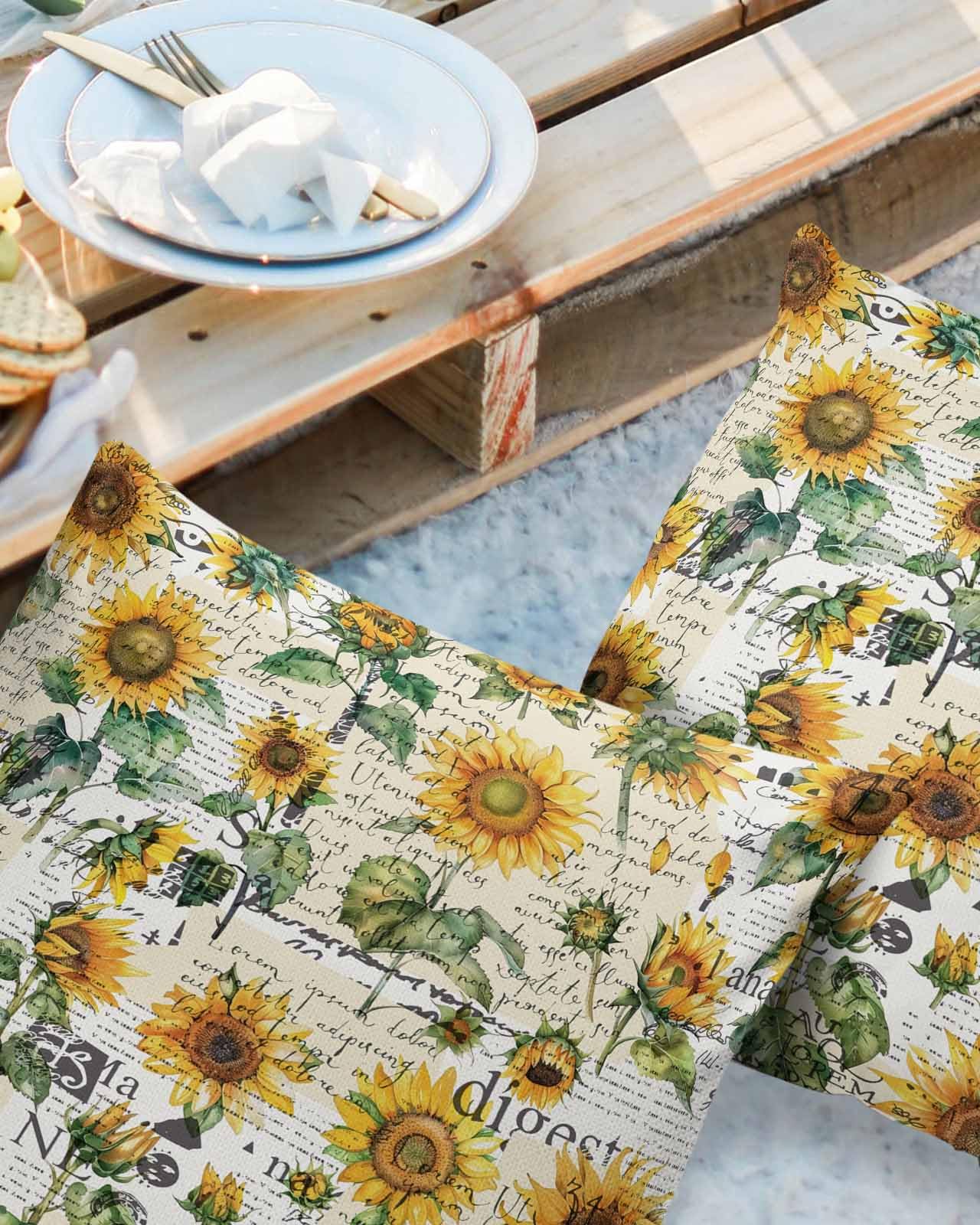 Outdoor Pillows Waterproof Pillow Covers Set of 2 Farmhouse Sunflower Watercolor Polyester Throw Pillow Covers Garden Cushion Case for Patio Funiture Sofa Decoration 16x16inch Newspaper Background