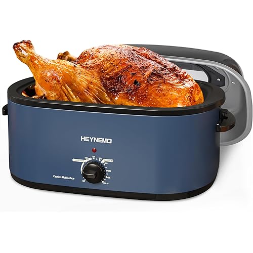 HEYNEMO 24Qt Turkey Roaster Oven Buffet with Self-Basting Lid, 1450W Electric Roaster Oven with Cool-Touch Handles, Removable Pan and Rack, Stainless Steel, Blue