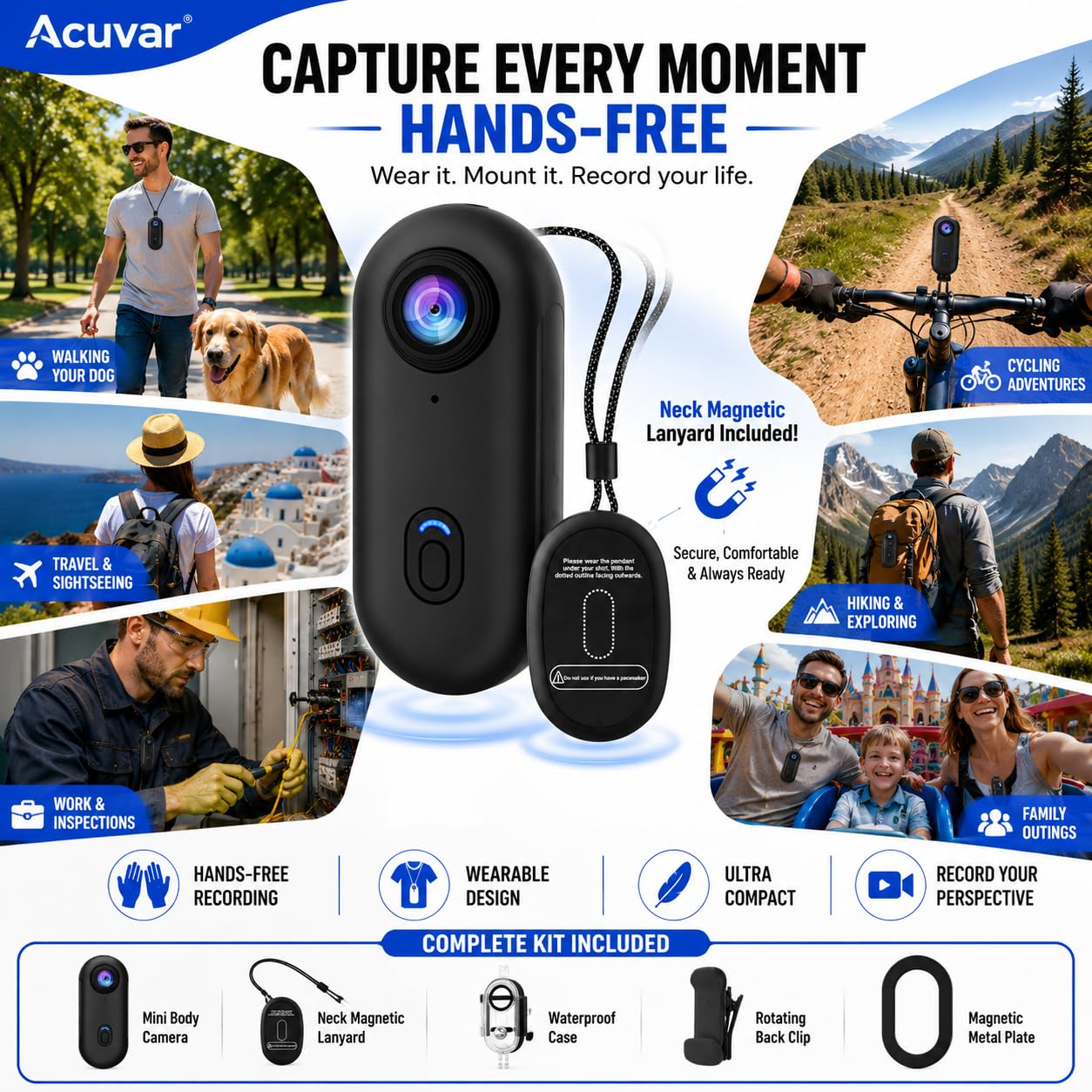 Mini videocamera da 64 GB FHD 1080P, action body cam indossabile, videocamera portatile di alta qualità con registrazione a mani libere, supporto per videocamera portatile di alta qualità ovunque per
