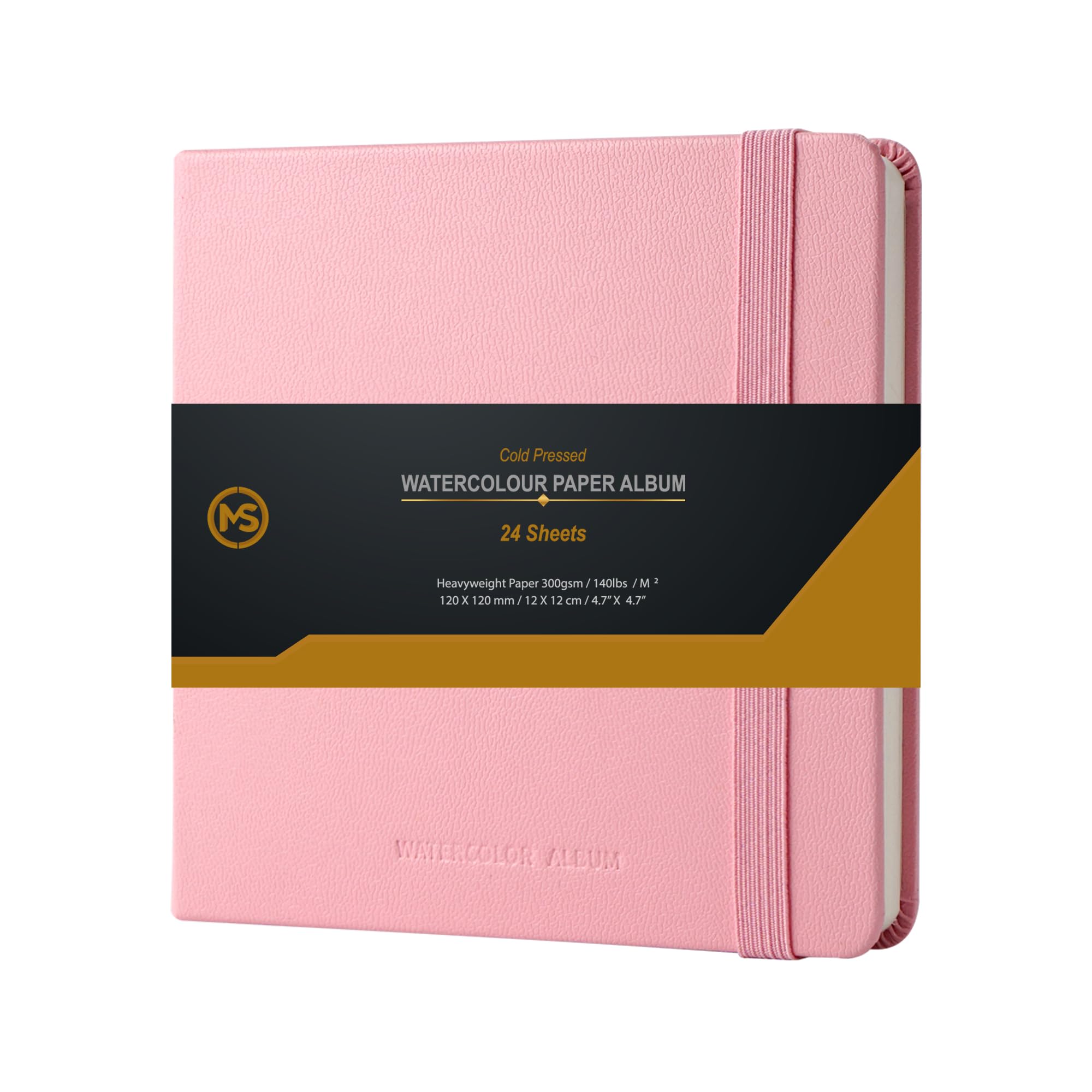 Ms My Stationery Blush Pink Watercolour Sketchbook Premium 300Gsm /140Lb 100% Cotton Paper 24 Sheets Off-White Cold-Pressed Sewn Binding 4.7" X 4.7" Album For Artists & Beginners Wet Media And Mixed Techniques-Leatherette Pink