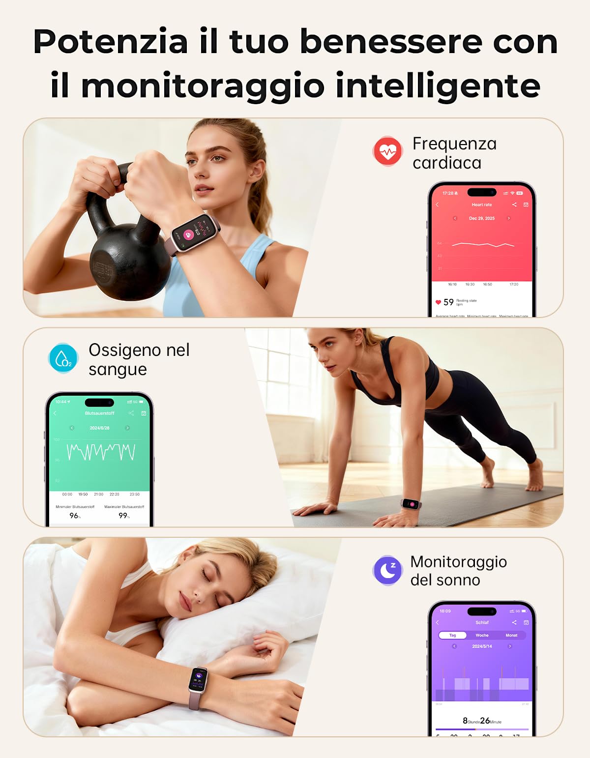Smartwatch Donna Uomo, 1,47'' Orologio Smartwatch Piccolo con 24/7 Cardiofrequenzimetro, Sonno, Contapassi, Orologio Fitness Resistente 3 ATM Include 3 Cinturini per Android iOS, Oro rosa/Viola fumé