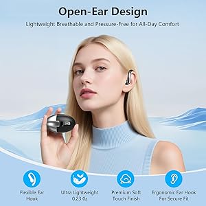 Open Ear Clip Wireless Earbuds Bone Conduction Headphones, Bluetooth 5.4, Open Ear Design, Built-in Mic, IPX7 Waterproof, LED Display Charging Case,Ear Hooks Ear Buds,Design for Running Walking Black