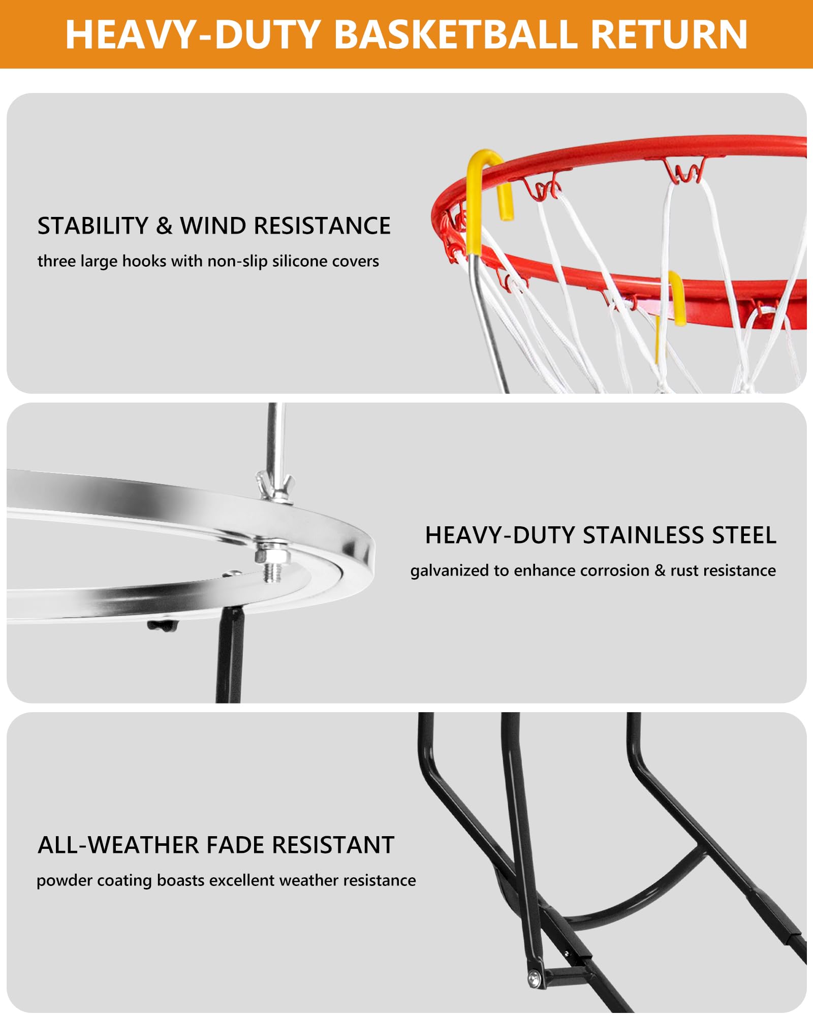 Verbesserter Basketball-Schuss-Trainer-Rebounder, robuster Basketball-Rücklaufaufsatz mit 360° drehbarer Schütte, tragbare Ballrückführung, Trainingshilfe, passend für Standard-45,7 cm Reifenfelgen