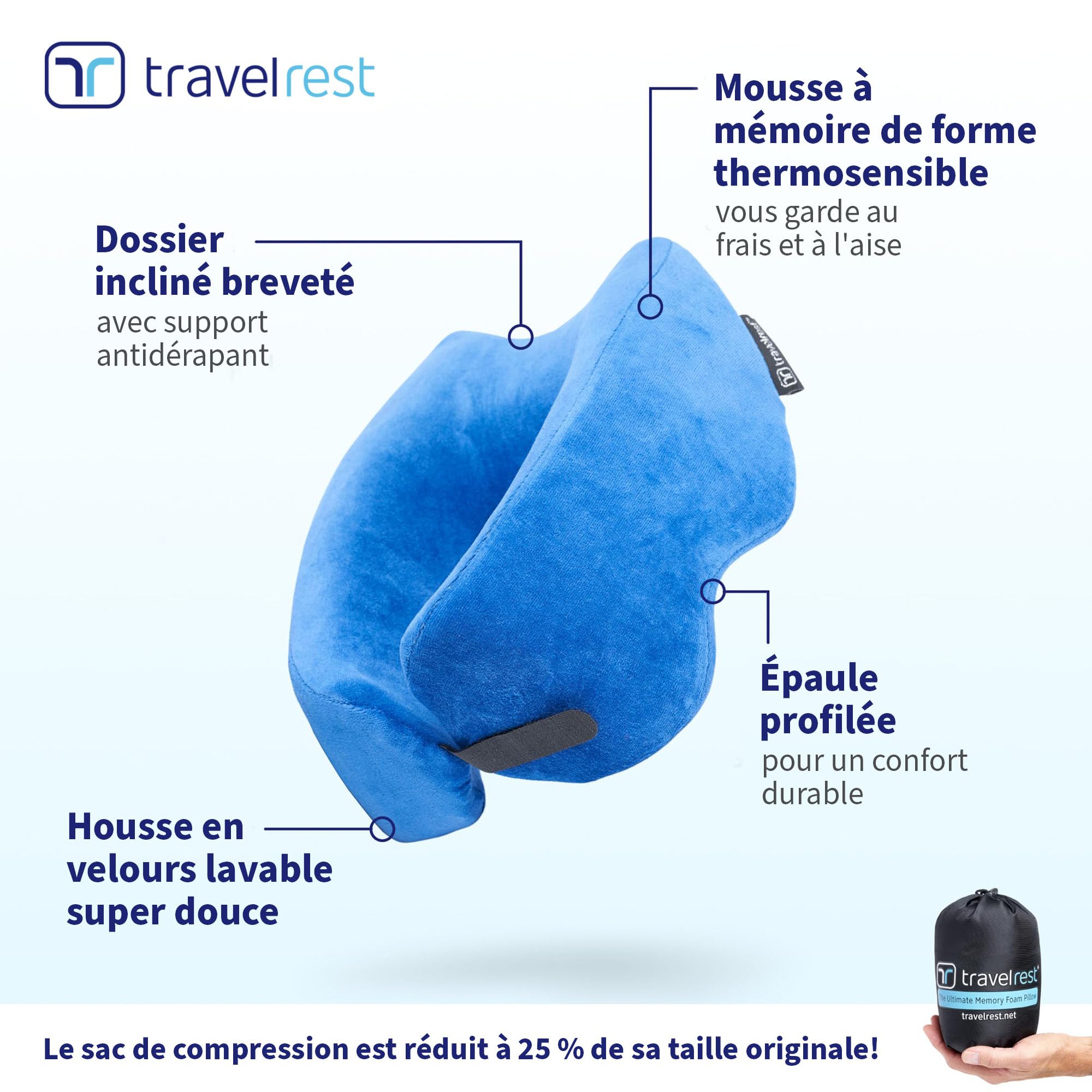 travelrest Oreiller de Voyage en Mousse à mémoire de Forme Ultime, Lavable,Le Meilleur Coussin de Voyage voté pour 2025-2026 par NYTimes WIRECUTTER,Lot de 1/4 de sa Taille