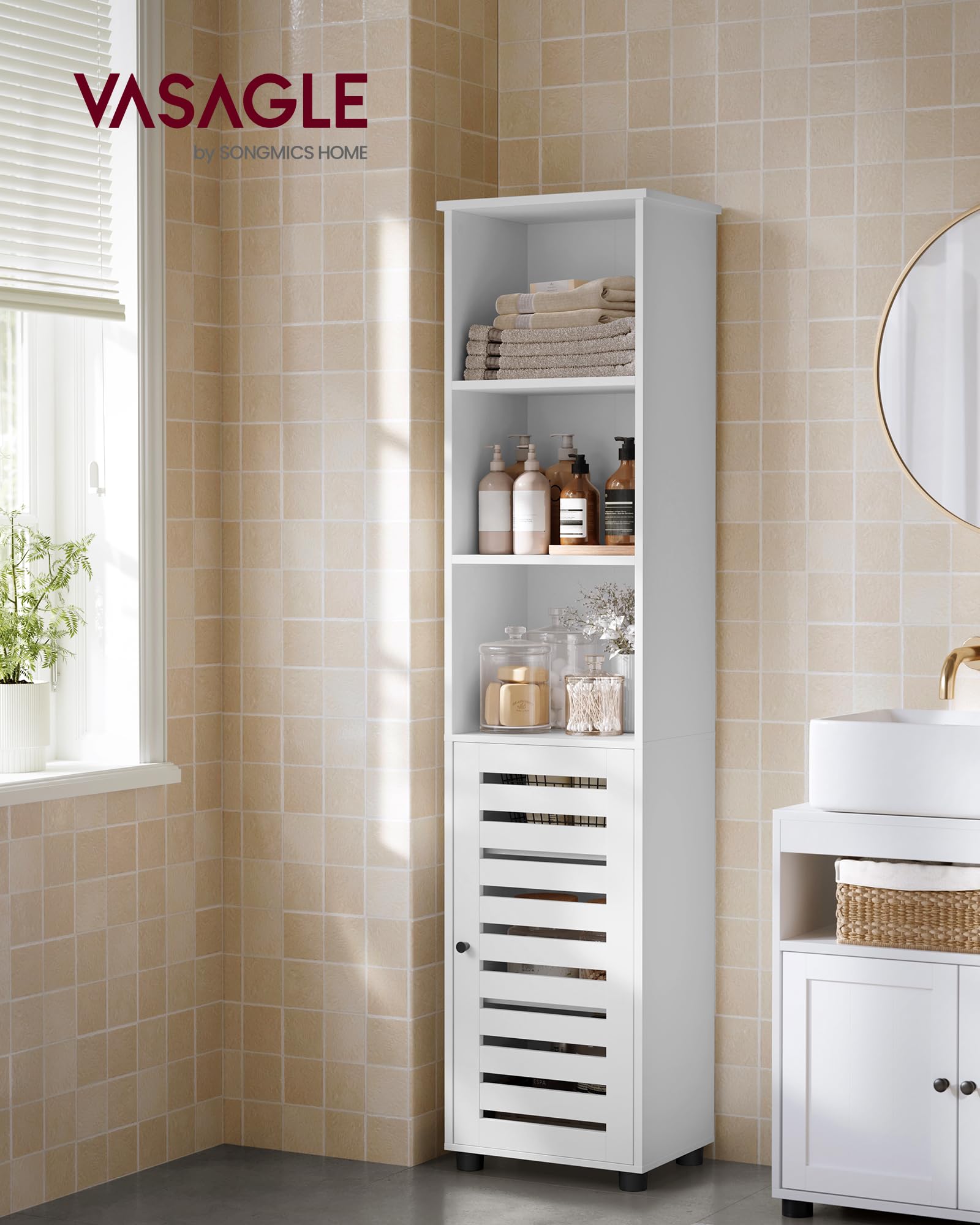 VASAGLE Meuble de Salle de Bain, Étagère de Rangement, Placard Haut, avec 3 Compartiments Ouverts et 2 Étagères Réglables, Salon, Entrée, Blanc Nuage BBK160W01