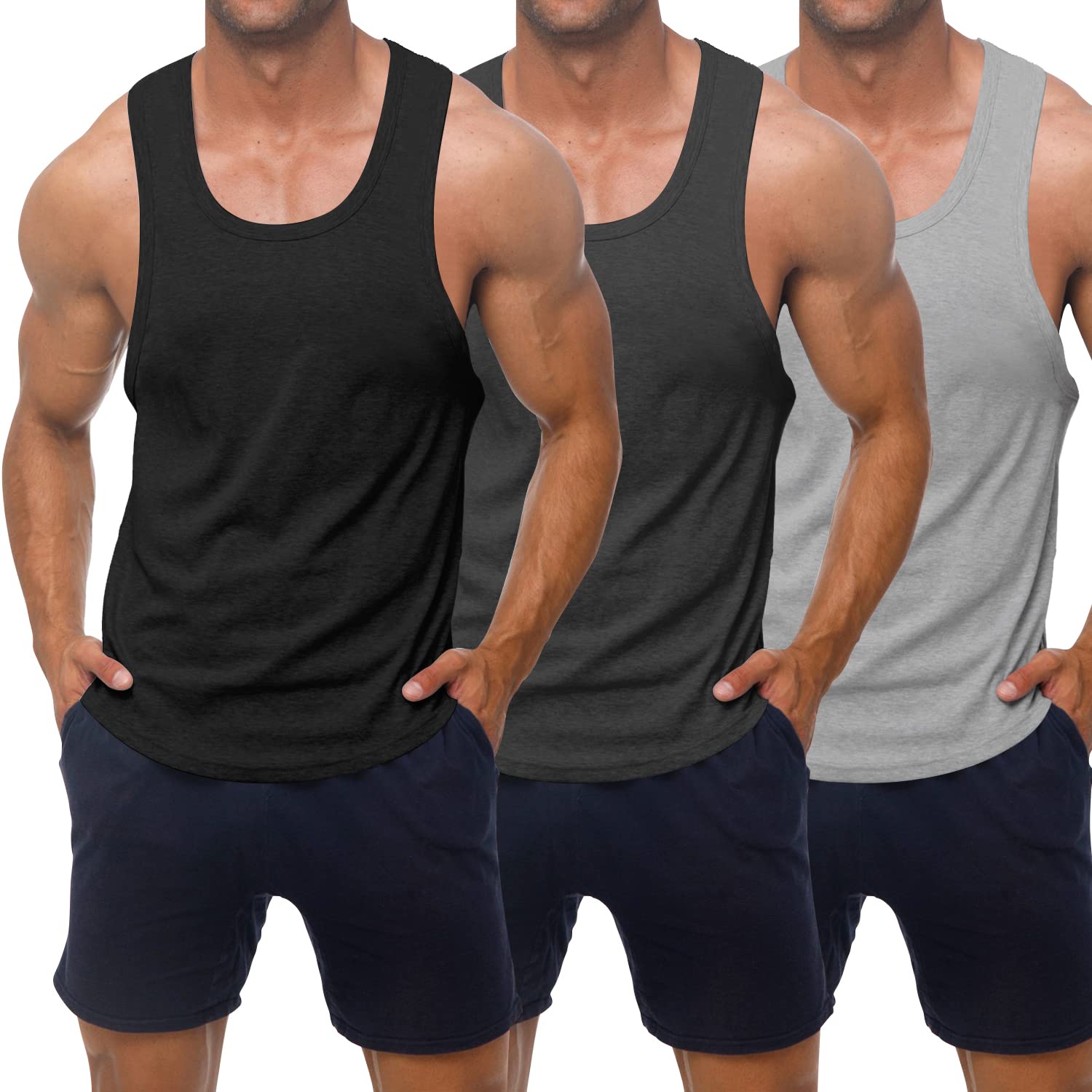 KAWATA Men's 3 Pack Workout Tank Top Quick Dry Gym Muscle Tees Fitness Bodybuilding Sleeveless T Shirts