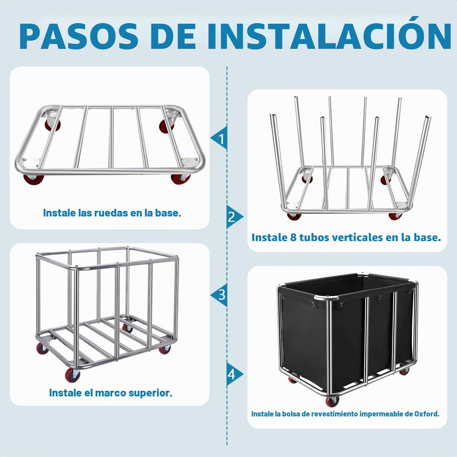 Carrito de lavandería, carrito de lavandería de acero inoxidable, comercial, grande, comercial, de acero inoxidable, con ruedas, cesta de lavandería plegable con ruedas, para el hogar y hotel, 90 x 65