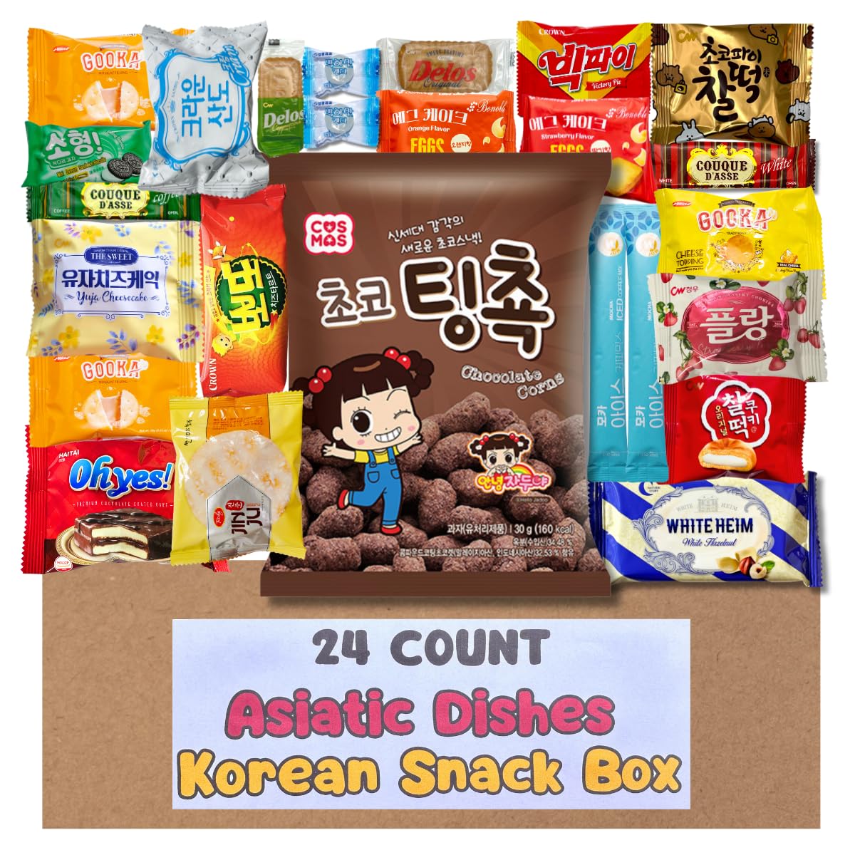 Asiatic Dishes Korean Snack Box β 24 Count Variety Pack with Cookies, Crackers, Coffee Mix, and Candy β Gift Care Package for Adults, Kids, and College Students