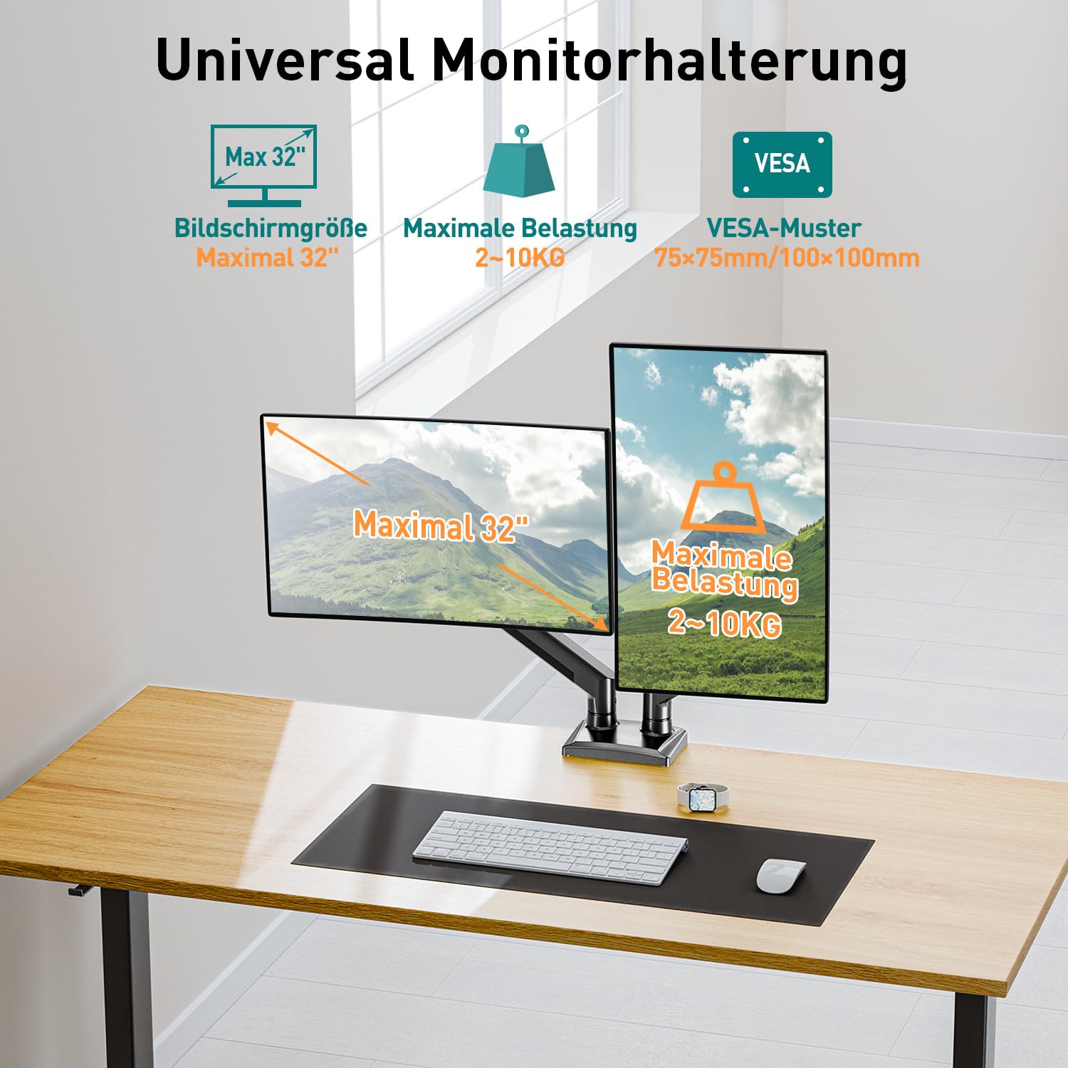 ELIVED Monitor Halterung 2 Monitore für 13-32 Zoll Bildschirme 10kg/Arm | Gasdruckfeder 2 Monitorhalterung schwenkbar 180°, Drehbar 360°, Höhenverstellbar Monitor Arm EV005