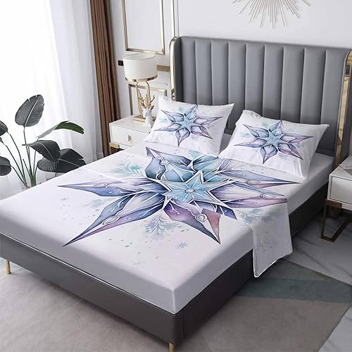 Juego de sábanas de copo de nieve tamaño individual XL, sábanas de Navidad, sábanas y fundas de almohada estampadas de 3 piezas, sábana bajera