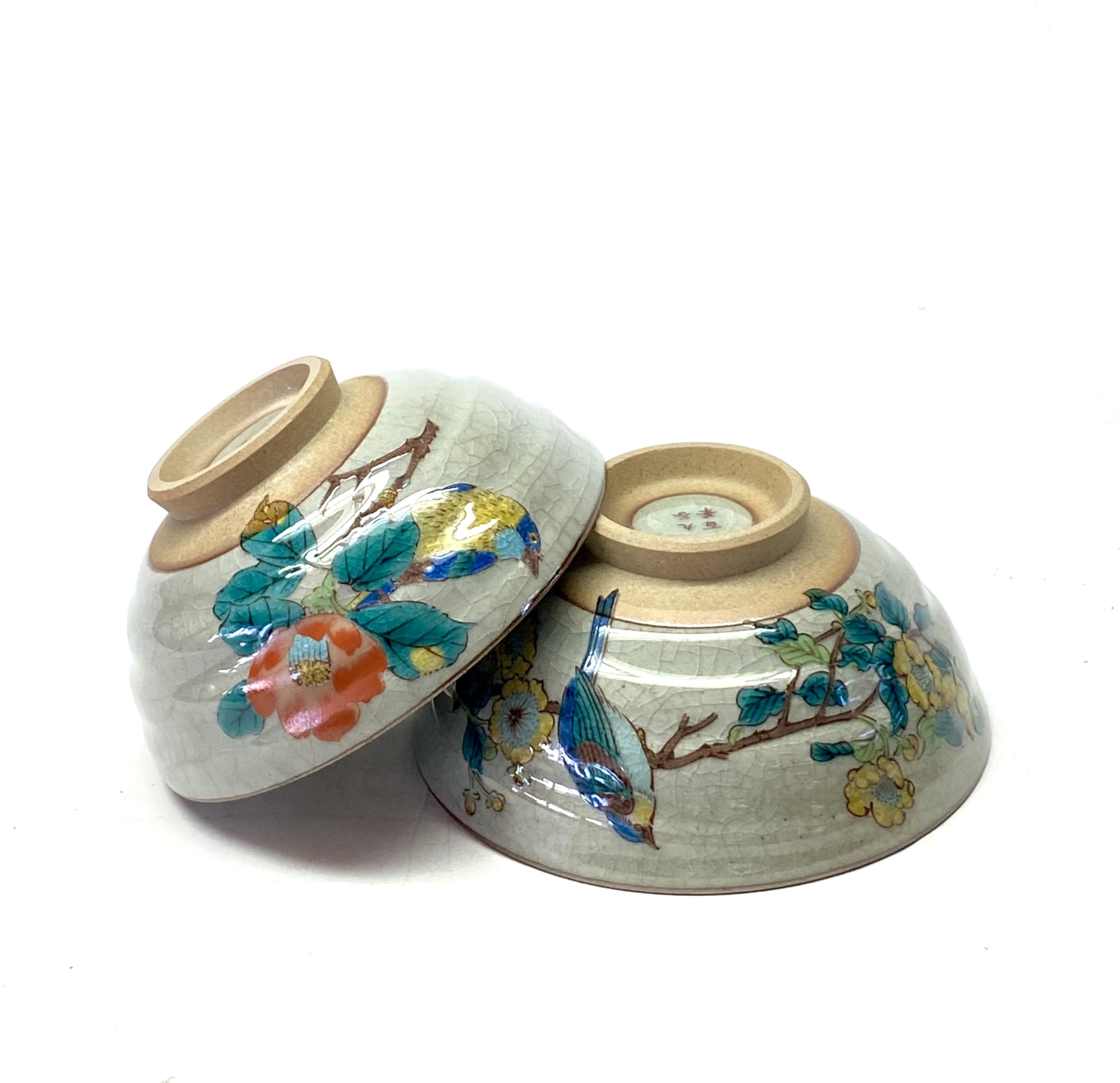 Kutani Rice Bowls, Camellia & Plum with Birds, Pair