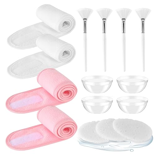 DOSTATNI Estetician Supplies for Facials Set 15 piezas Estético Esponjas 4 Cepillos Faciales Diademas Tazones, Suministros Rosa, Blanco