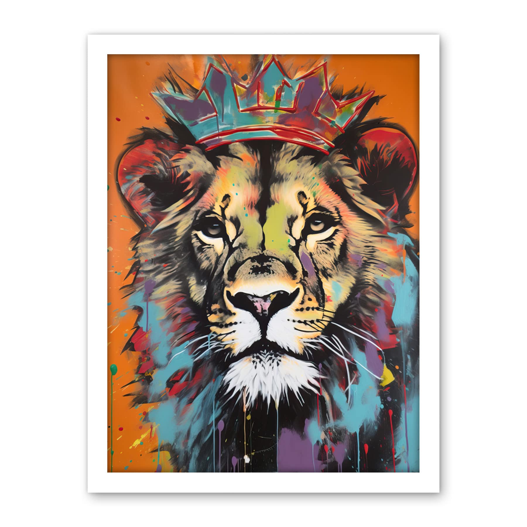 Artery8 Lion Wearing Crown Jungle King Animal Portrait Artwork Framed Wall Art Print 18X24 Inch