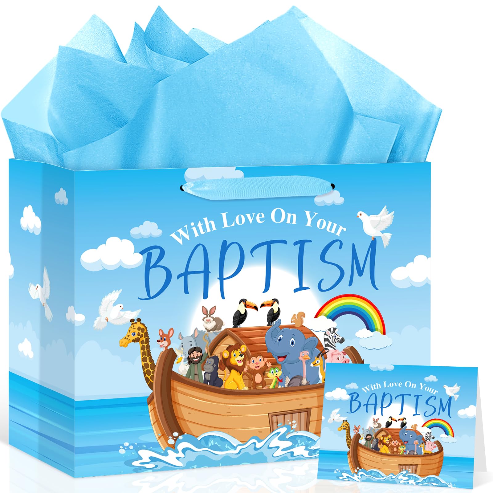 Large Baptism Gift Bags for Boys,Blue Religious Christian Birthday Gift Bag with Greeting Card and Tissue Paper for Baby Boy First Communions Christenings (Baptism)