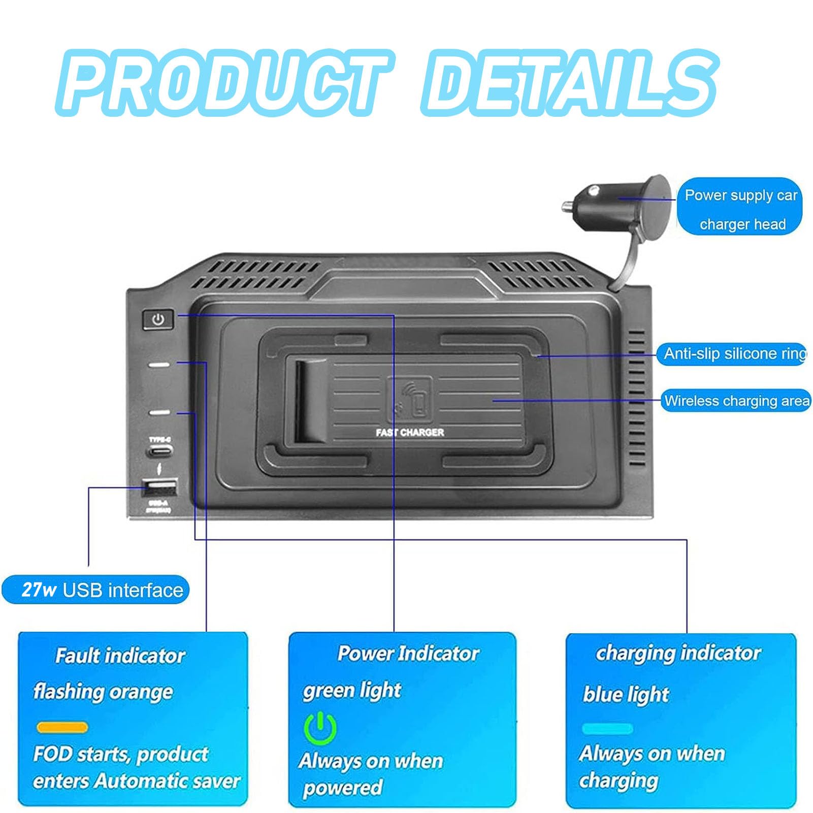 Caricabatterie Wireless per Auto per Hon-da ZR-V Tutti i Modelli Accessorio con 15 W Wireless e 27 W USB Qc3.0 Ricarica Rapida Regalo per la Famiglia