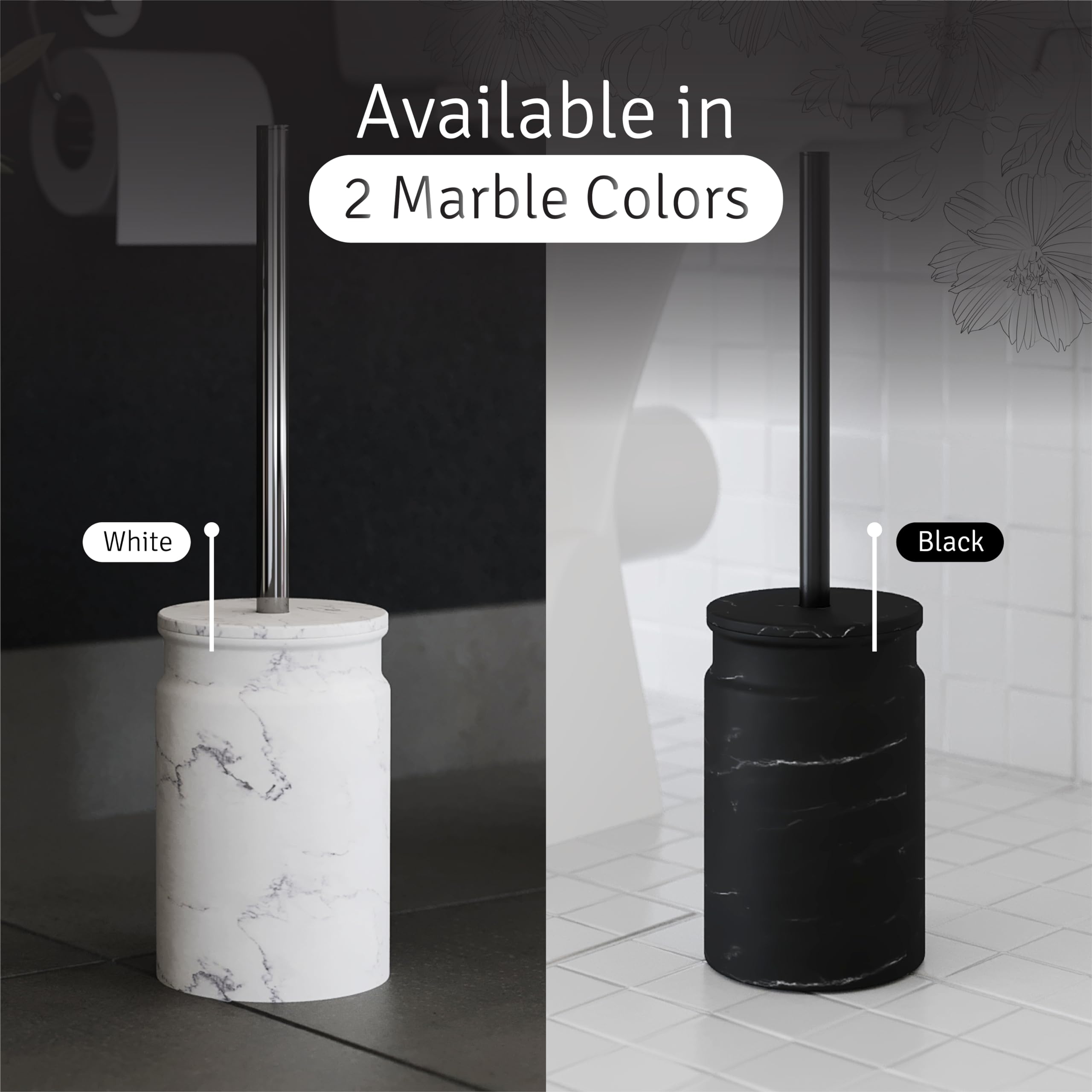 Juego de escobilla de inodoro y soporte, cepillo de inodoro y soporte con cerdas resistentes para una limpieza profunda, accesorios de baño de mármol blanco, cepillo limpiador de inodoro con diseño