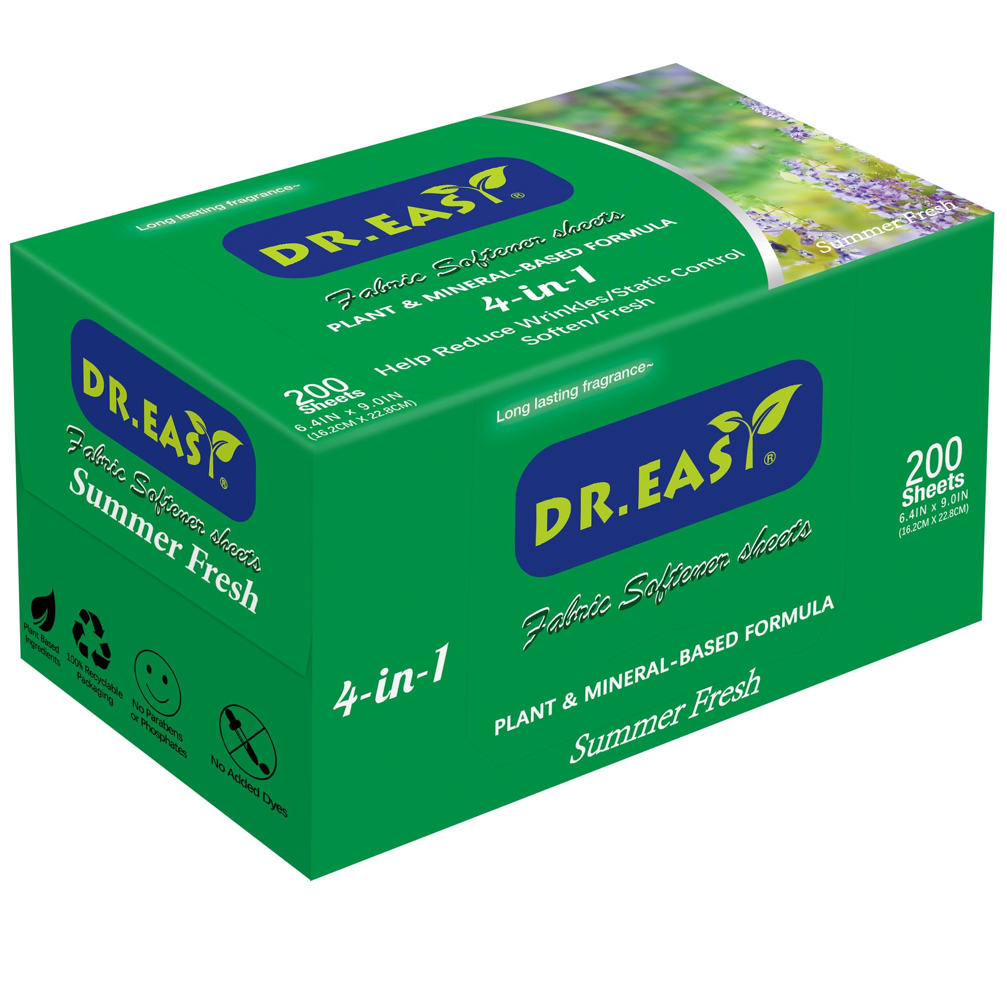 DR.EASY SUMMER FRESH Dryer Sheets Plant Based Formula 200 Ct Fabric Softener sheets for Laundry Essential Oil Scented No Artificial Fragrances No Dyes Reduce Static & Wrinkles Help Repel Pet Hair