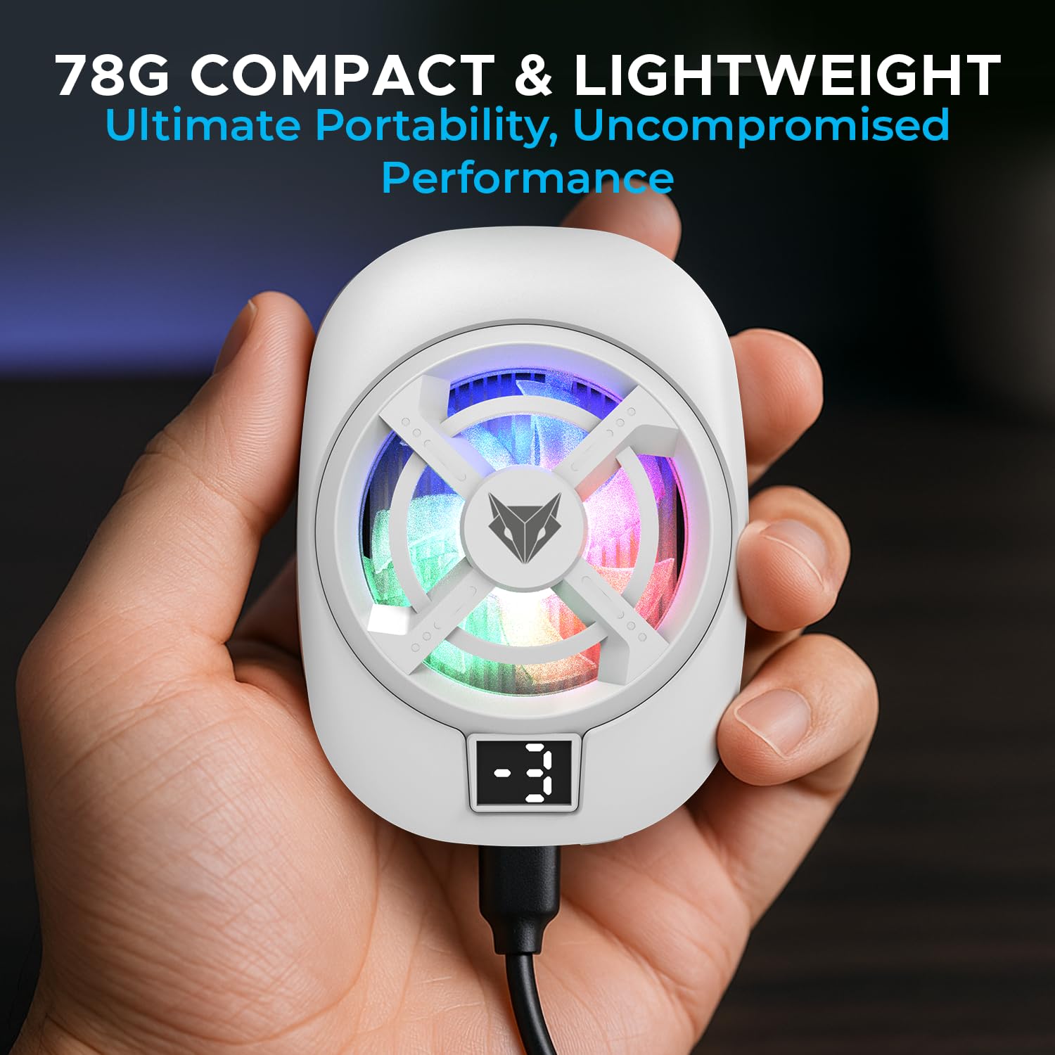 EvoFox Hailstone S Phone Cooler for Gaming | 15W 3 Level Cooling | 5000 RPM 7-Blade| Clamp Mount | RGB | Semiconductor Tech | Type-C Powered & Display | Compatible for Android and iPhones (White) — Amazon image 7