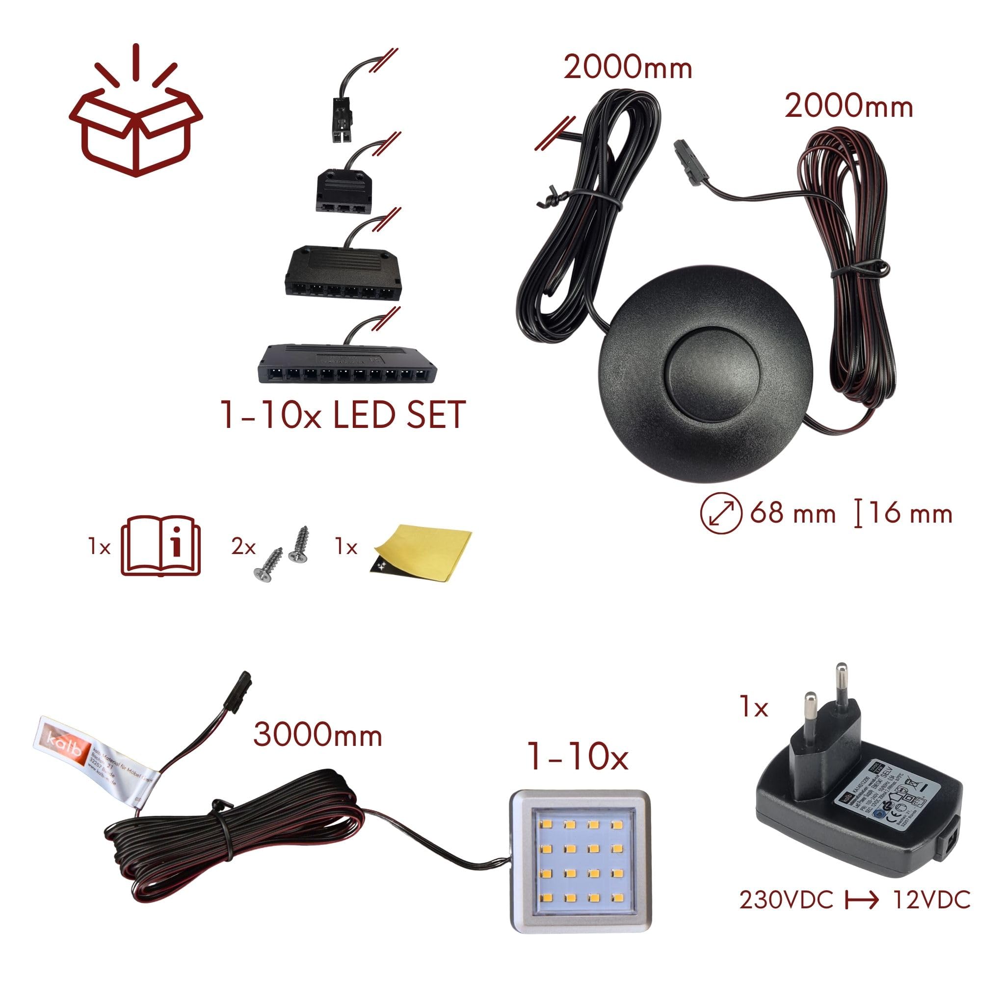 kalb | LED Vitrinenleuchte Quina, 3000K, 12V, mit Fußschalter, 1-10er Set, silber matt, quadratisch, 53mm, mit Erweiterung dimmbar (10er Set)