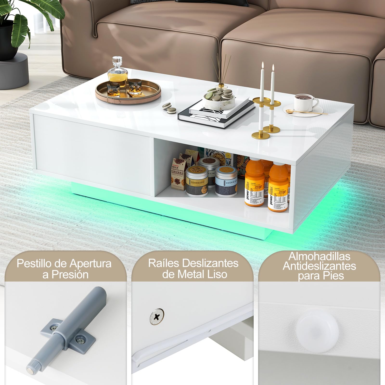 COSTWAY Mesa de Centro con 20 Colores de Luces LED, Mesa Moderna Rectangular con Control Remoto, Mesa Inteligente de Cóctel con Cajón y Estante Abierto, Mesa de Centro para la Sala de Estar (Blanco)