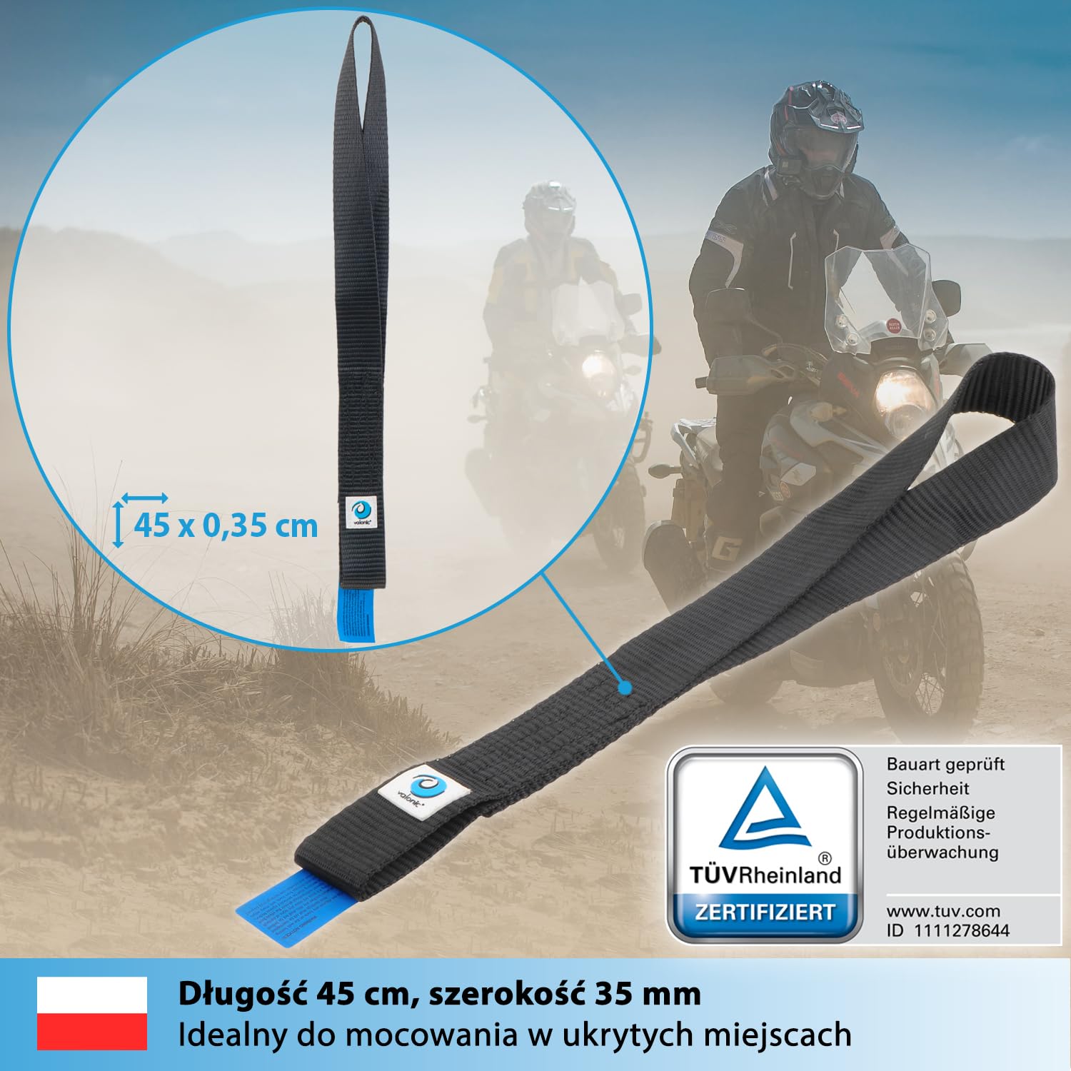 valonic CONDOR - 2X Pętle mocujące, 45cm, 35mm, 1750Kg, TÜV Rheinl. Certyfikat EN 12195-2 - czarny, szlufki do transportu motocykli, pas mocujący, pasy mocujące, samochód, pętla mocująca