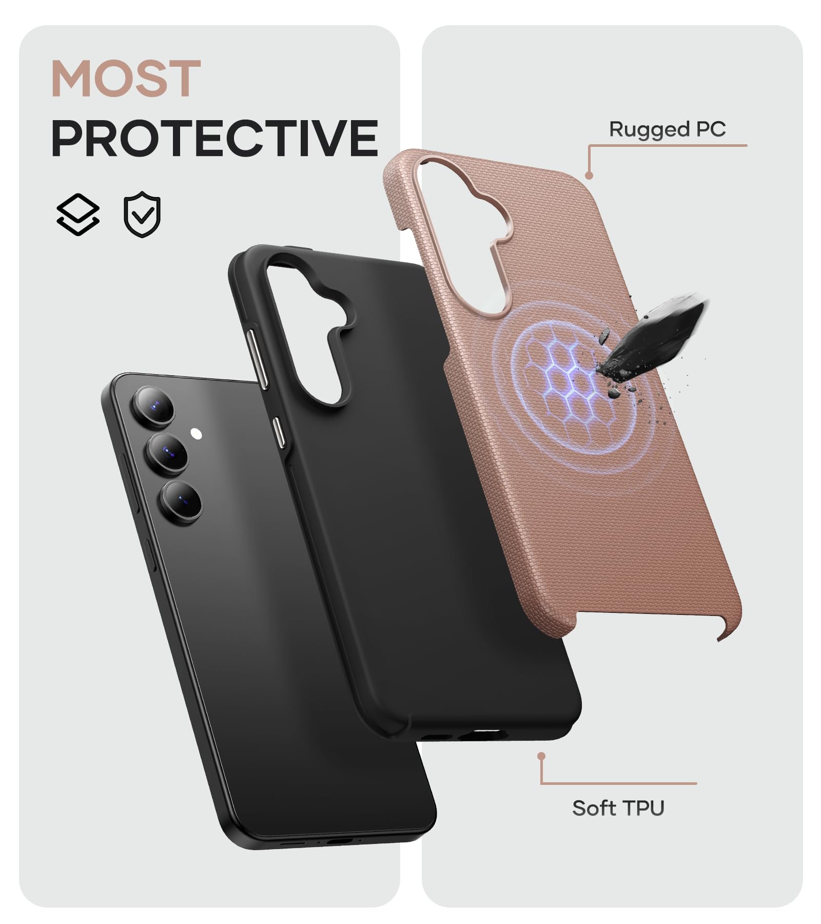 SSLOTSCASE Custodia protettiva per Samsung Galaxy S24 FE 2024, supporto per ricarica wireless, sottile, leggera, resistente, opaca, custodia protettiva per Galaxy S24 FE 2024, oro rosa
