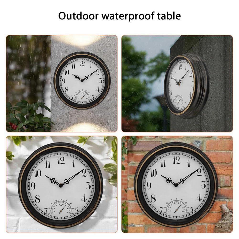 Zewnętrzny wodoodporny zegar ścienny z termometrem IP44 vintage okrągły zegar dekoracyjny ogrodowy 30 cm zegar zewnętrzny