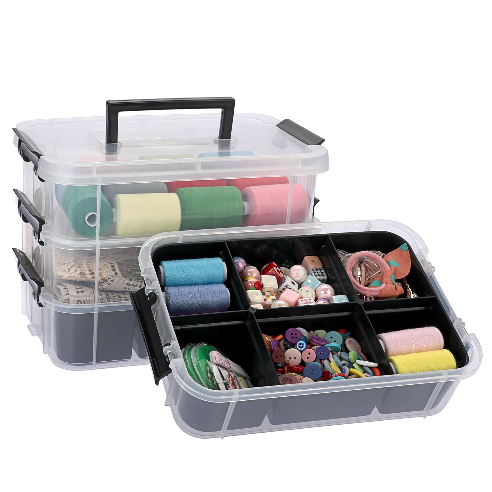 IGNPION Stapelbare Aufbewahrungsbox, 4-Ebenen-Verstellbare Kunststoff-Aufbewahrungsbox mit Tragegriff Transparente Organizer-Behälter für Kunst- und Bastelarbeiten, Spielzeug, Nähzubehör (Schwarz)